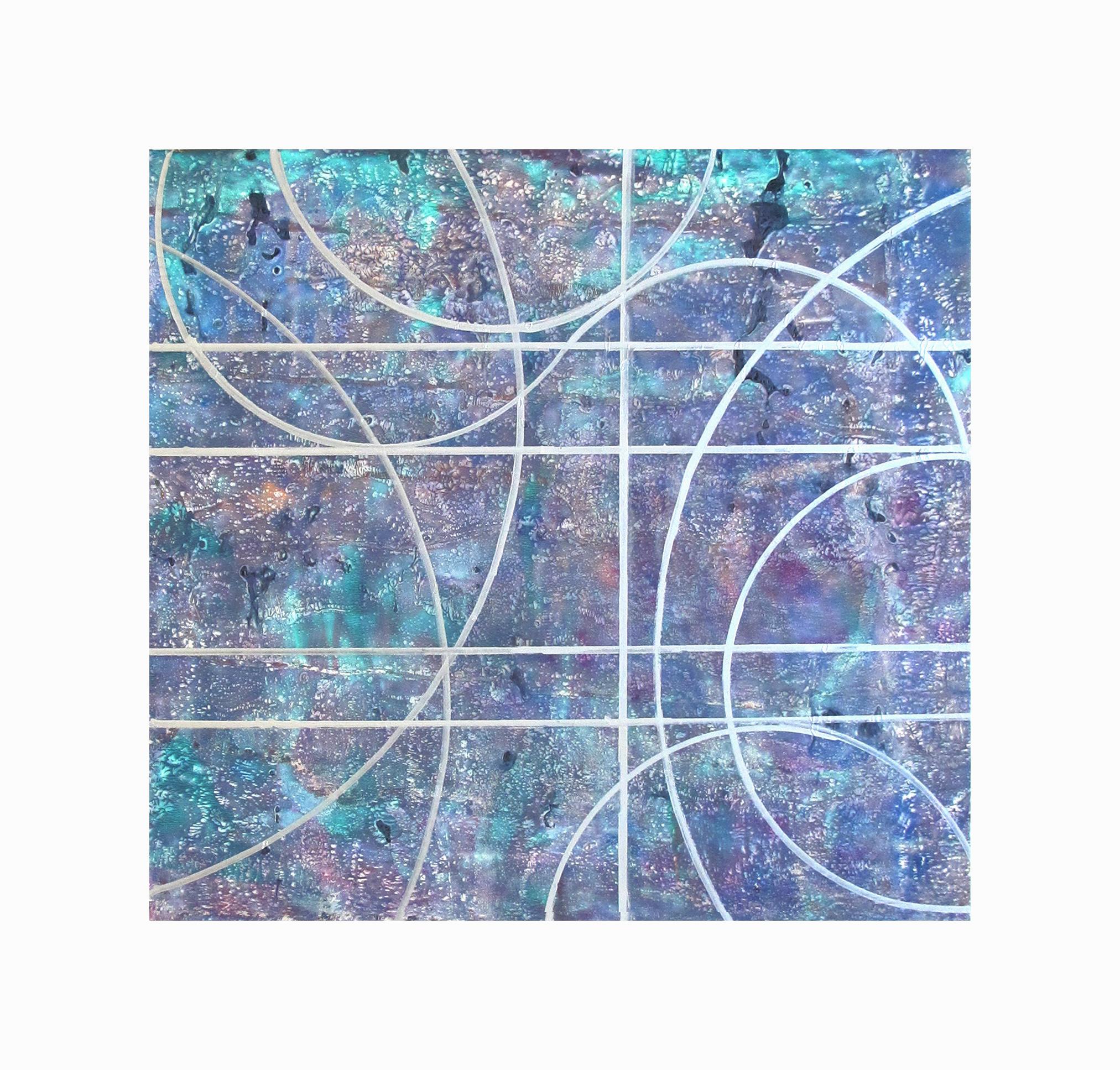 Gudrun Mertes-Frady
FORGET ME NOTS, 2019
Acrylic, oil and metallic media on Dura-Lar
16 x 17 in.

This original abstract painting by Gudrun Mertes-Frady is small but vibrant, with bright shades of purple and turquoise embellished by metallic media