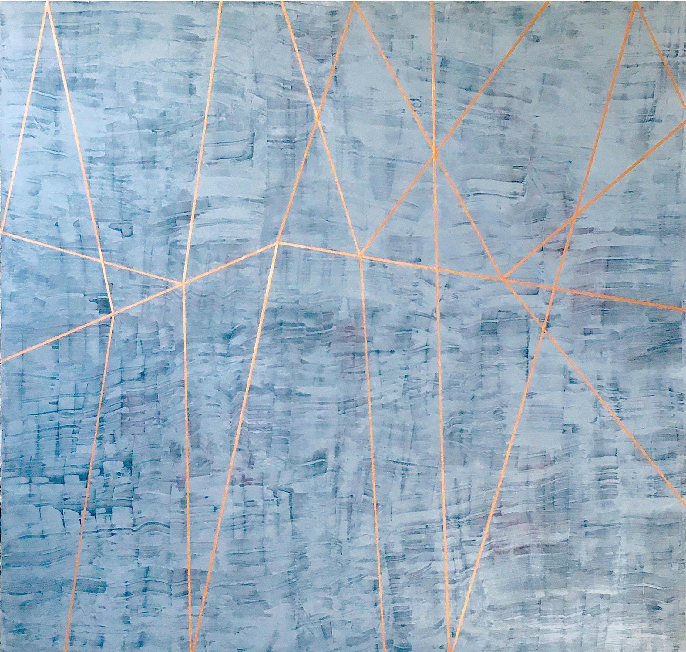 Gudrun Mertes-Frady
ANAHITA (RIVER-Goddess), 2018-2019
oil and metallic copper oil paint on canvas
60 x 63 in.
(mer151)

This large contemporary abstract oil painting is subtly metallic, and shines in the light.  Delicate gold lines form geometric