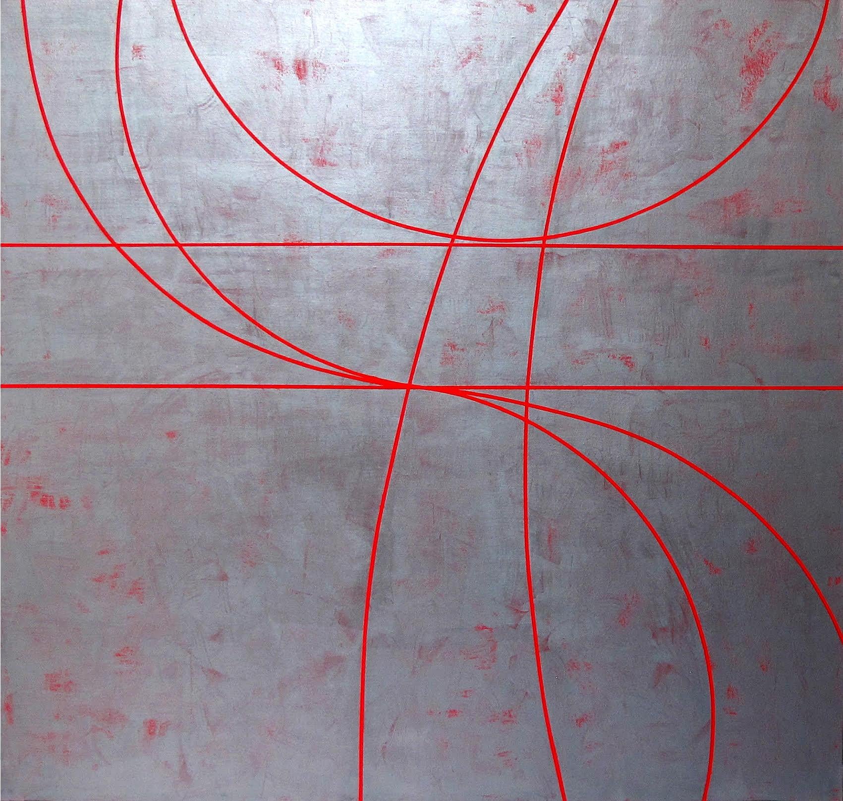 Gudrun Mertes-Frady
CELEBRATION, 2015
Oil and metallic oil paint on canvas
60 x 63 in.
(mer153)

This large contemporary abstract oil painting is subtly metallic, and shines in the light.  Delicate red lines dance across a silver background. 