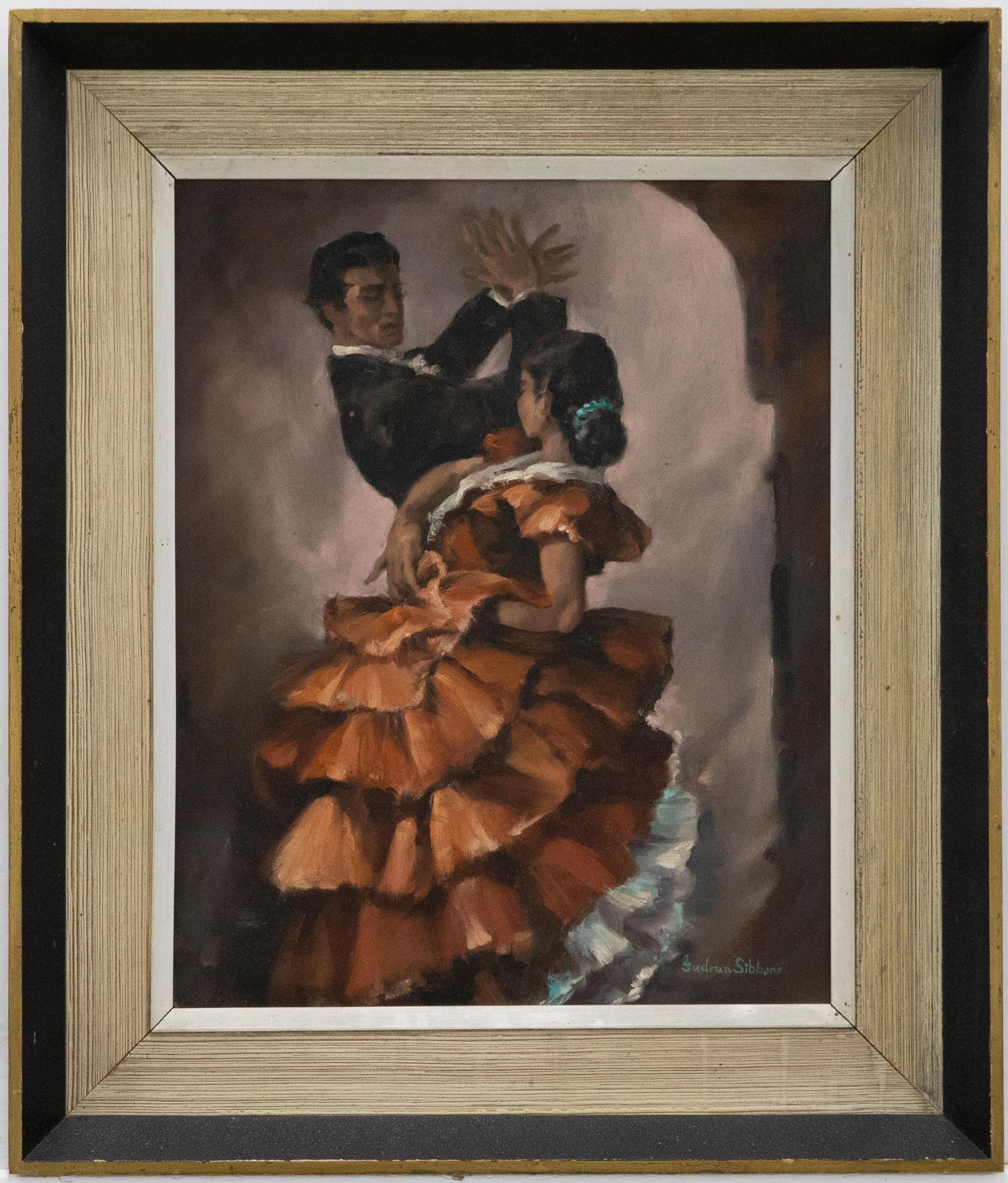 A striking 20th Century oil showing a young couple engaged in a passionate and fiery flamenco. The man raises his hands in a dramatic clap and the young woman swirls her red skirts around her. The artist has signed to the lower right corner and the