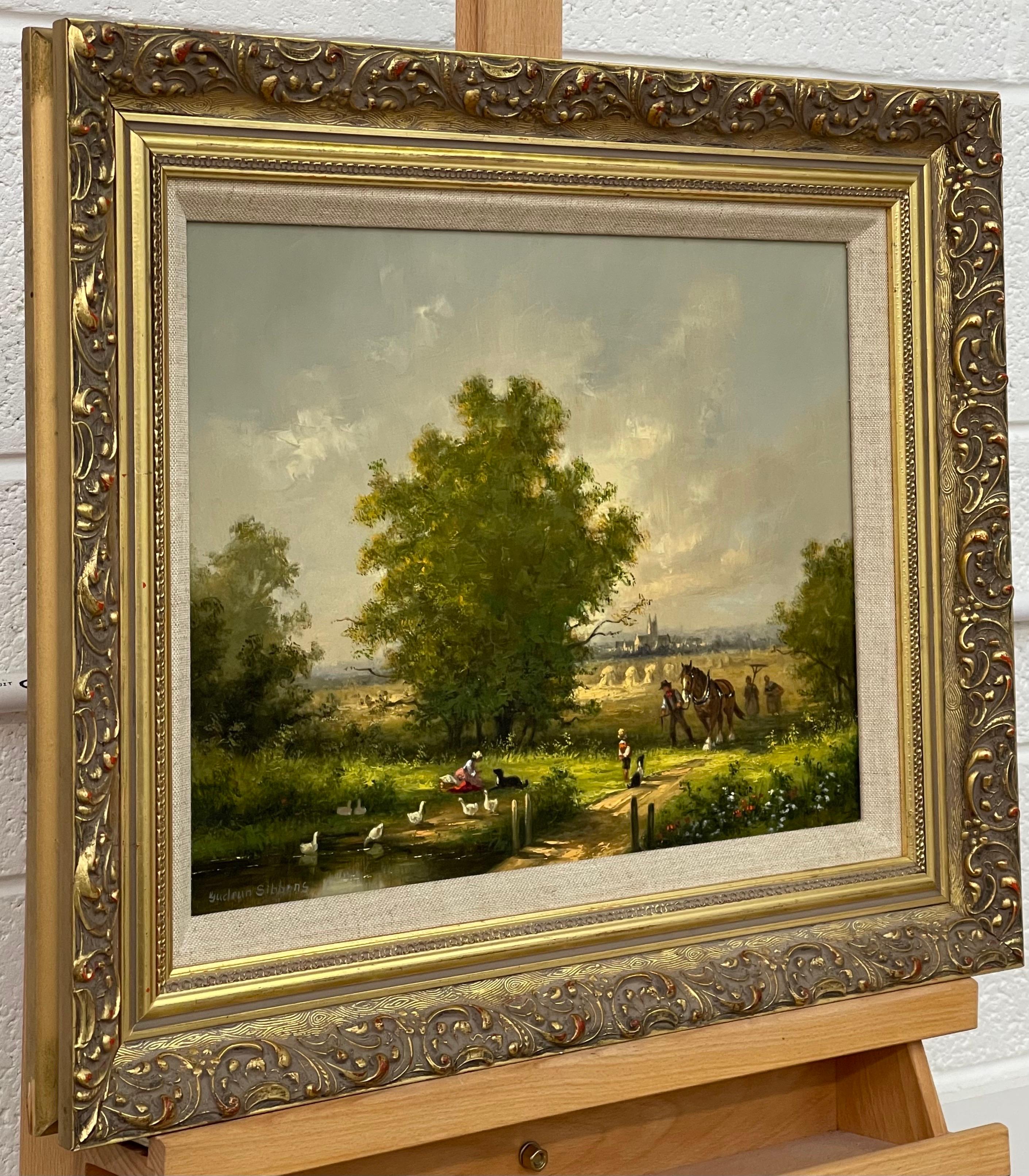 Idyllic Countryside Scene with Children, Ducks, Horse & Dogs by British Artist - Painting by Gudrun Sibbons