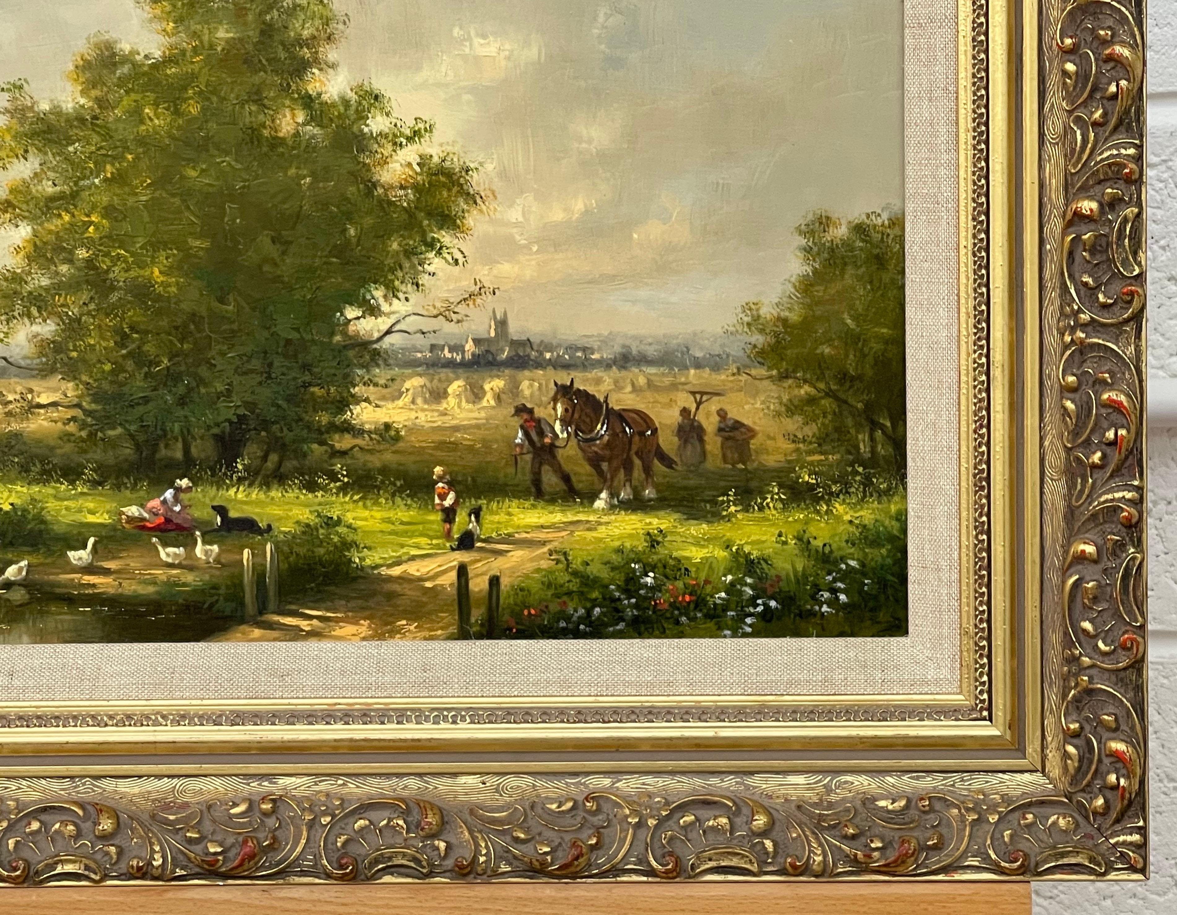 Idyllic Countryside Scene with Children, Ducks, Horse & Dogs by British Artist - Brown Figurative Painting by Gudrun Sibbons