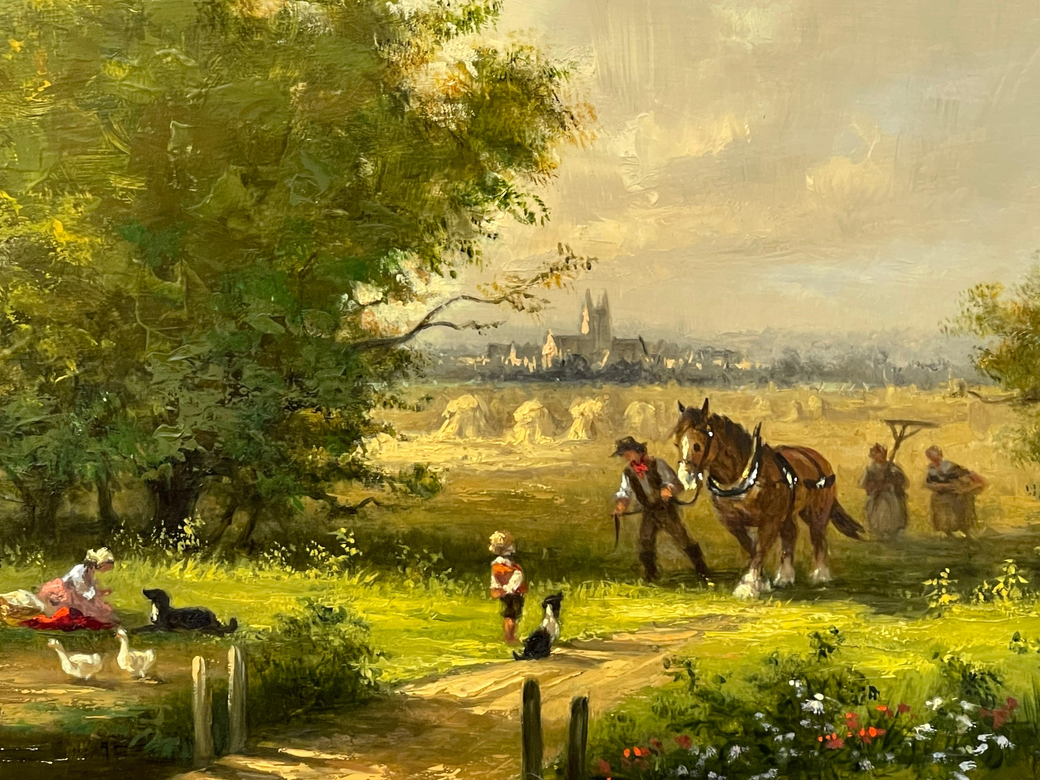 Idyllic Countryside Scene with Children, Ducks, Horse & Dogs by British Artist 1