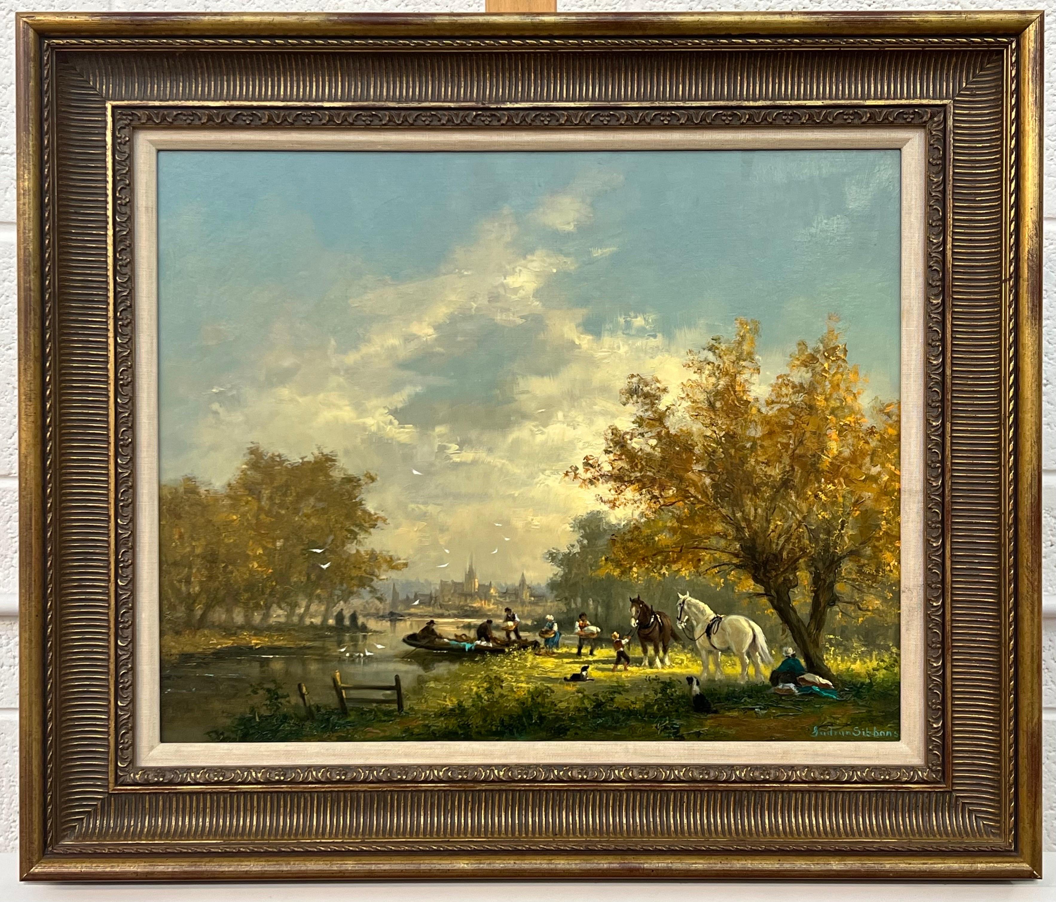Idyllic Countryside Scene with River Boat, Horses, Figures & Dogs in Sunshine For Sale 6