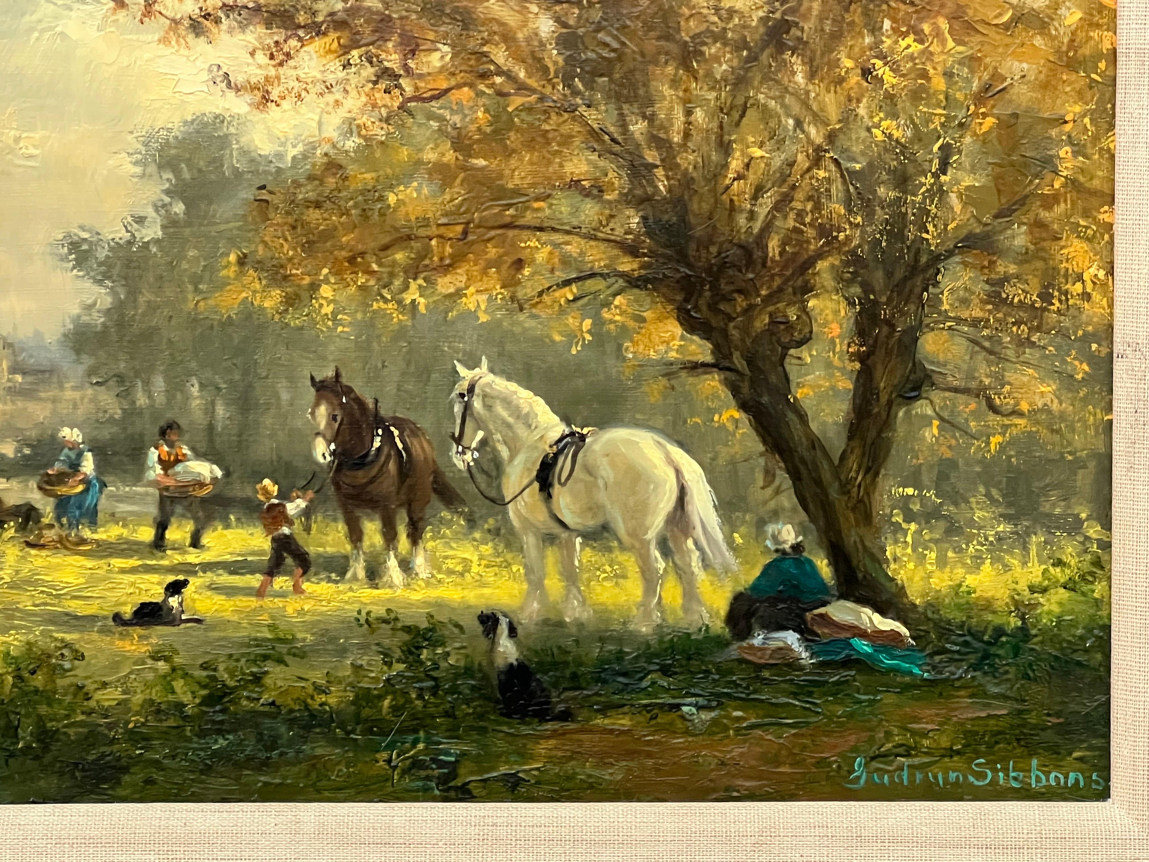 Idyllische Landschaftsssszene mit Flussboot, Pferden, Figuren und Hunden im Sonnenschein – Painting von Gudrun Sibbons