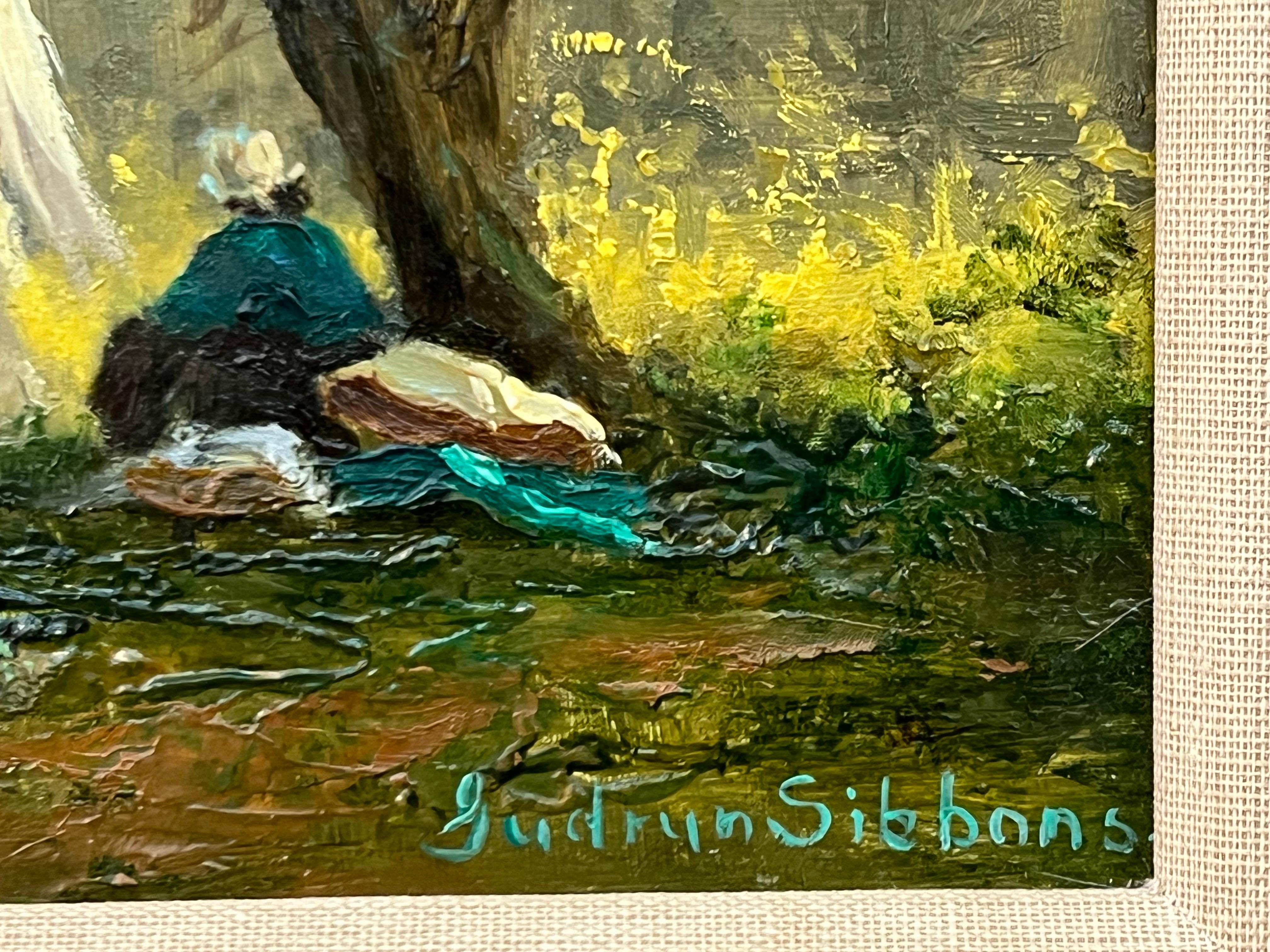Idyllische Landschaftsssszene mit Flussboot, Pferden, Figuren und Hunden im Sonnenschein (Realismus), Painting, von Gudrun Sibbons