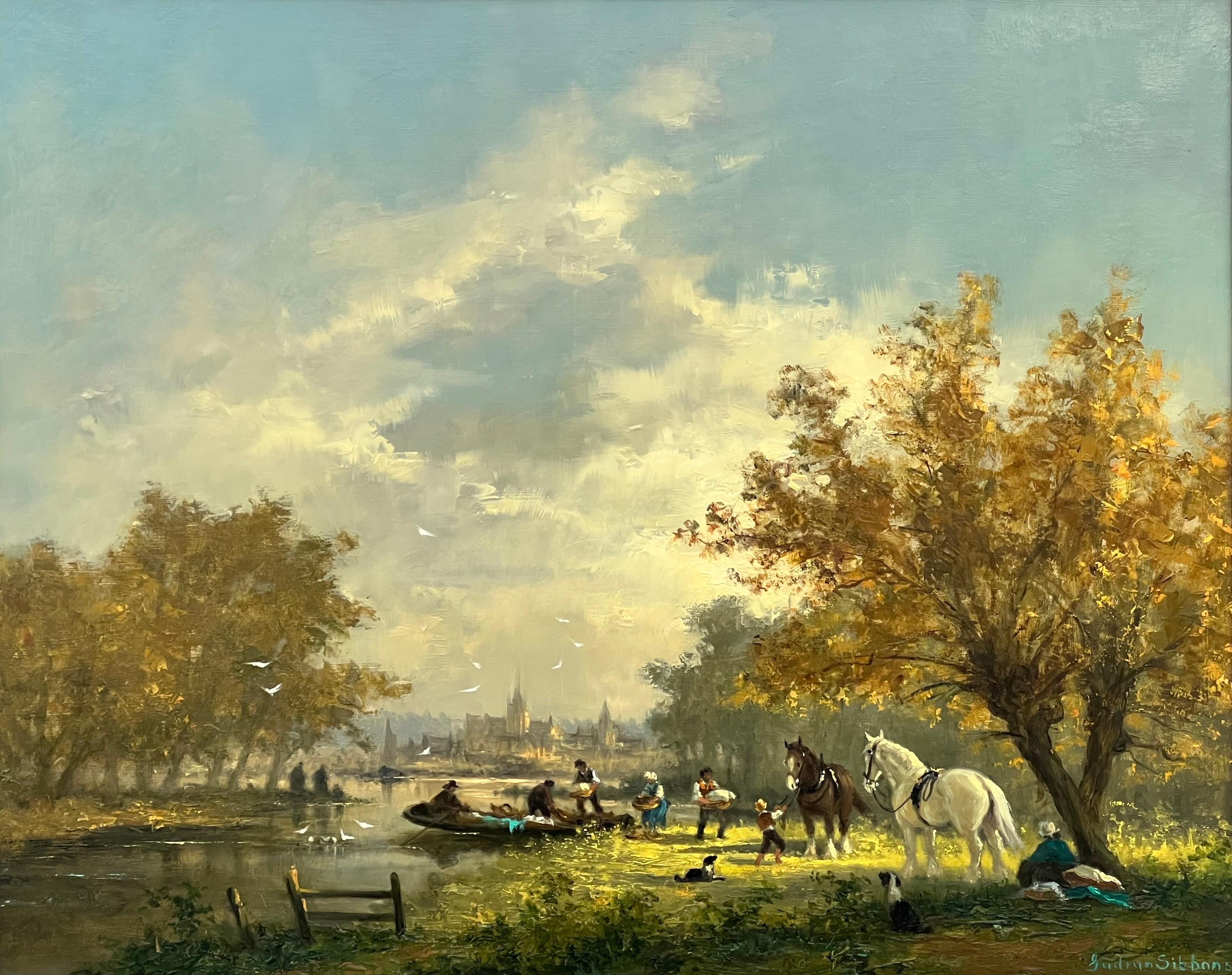 Idyllic Countryside Scene with River Boat, Horses, Figures & Dogs in Sunshine - Realist Painting by Gudrun Sibbons