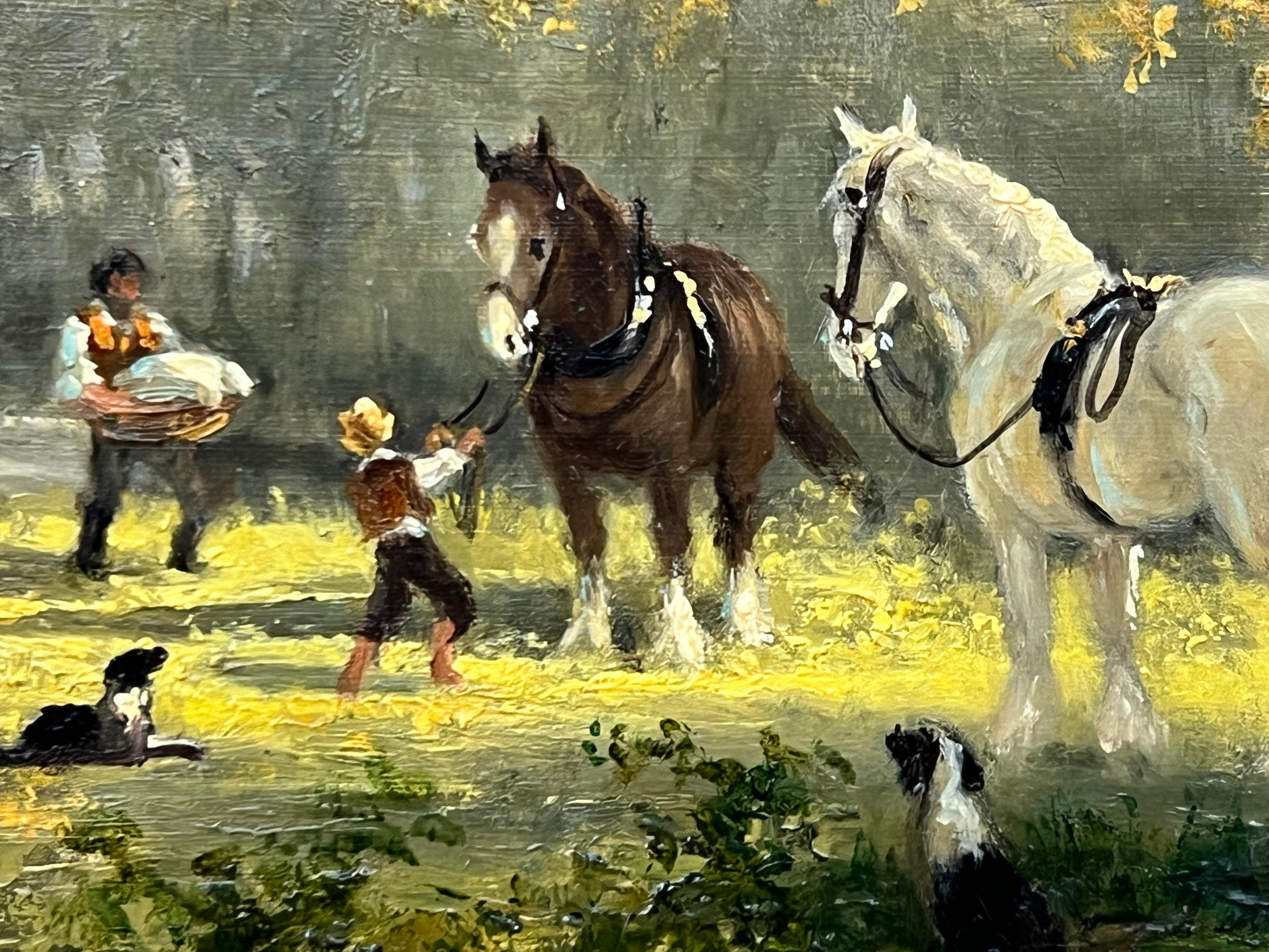 Idyllic Countryside Scene with River Boat, Horses, Figures & Dogs in Sunshine by German-born British Artist, Gudrun Sibbons (1925- ). Original oil painting of a River Landscape with various figures  (men, women & children) unloading a boat, with