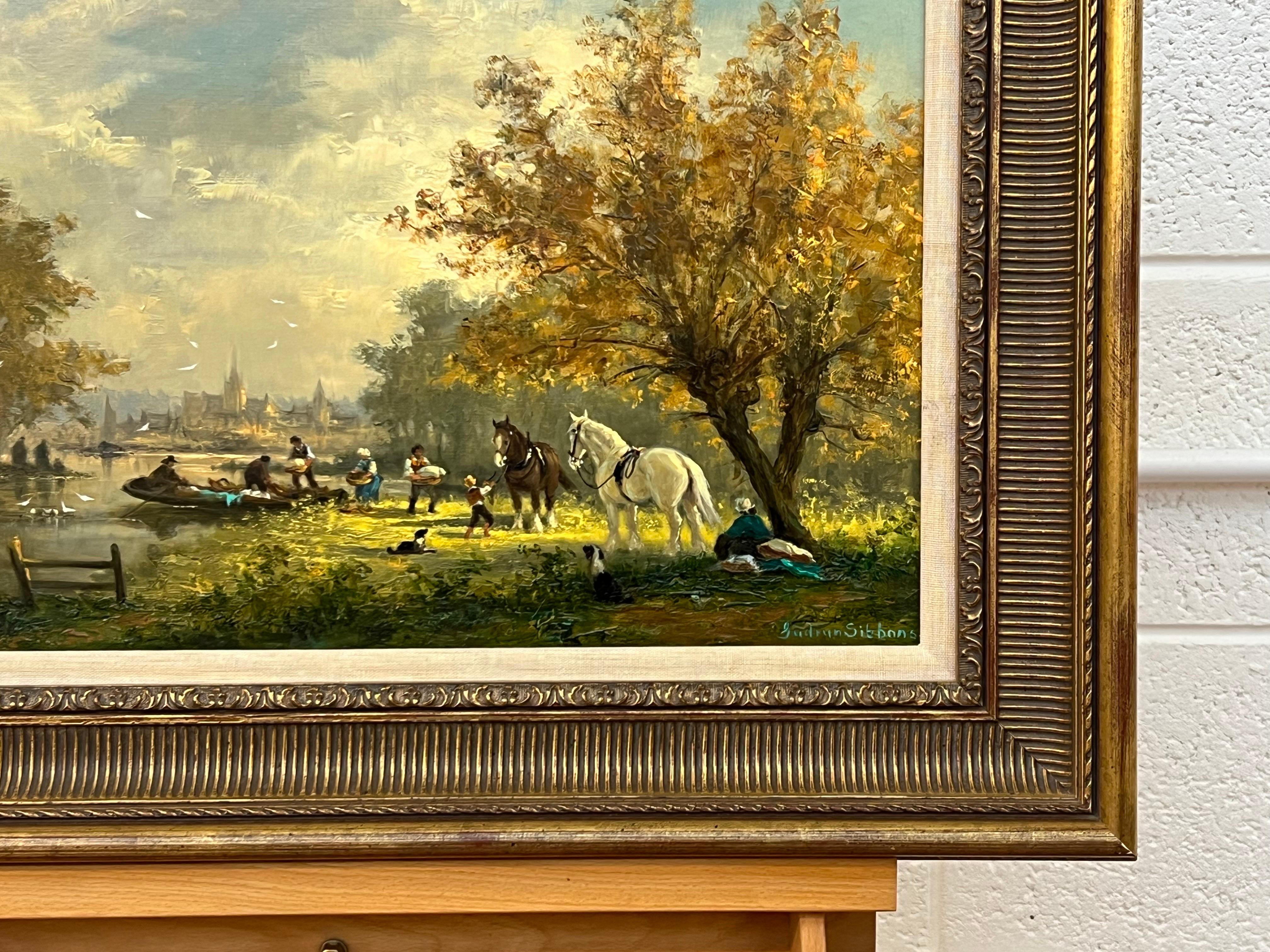 Idyllic Countryside Scene with River Boat, Horses, Figures & Dogs in Sunshine For Sale 2