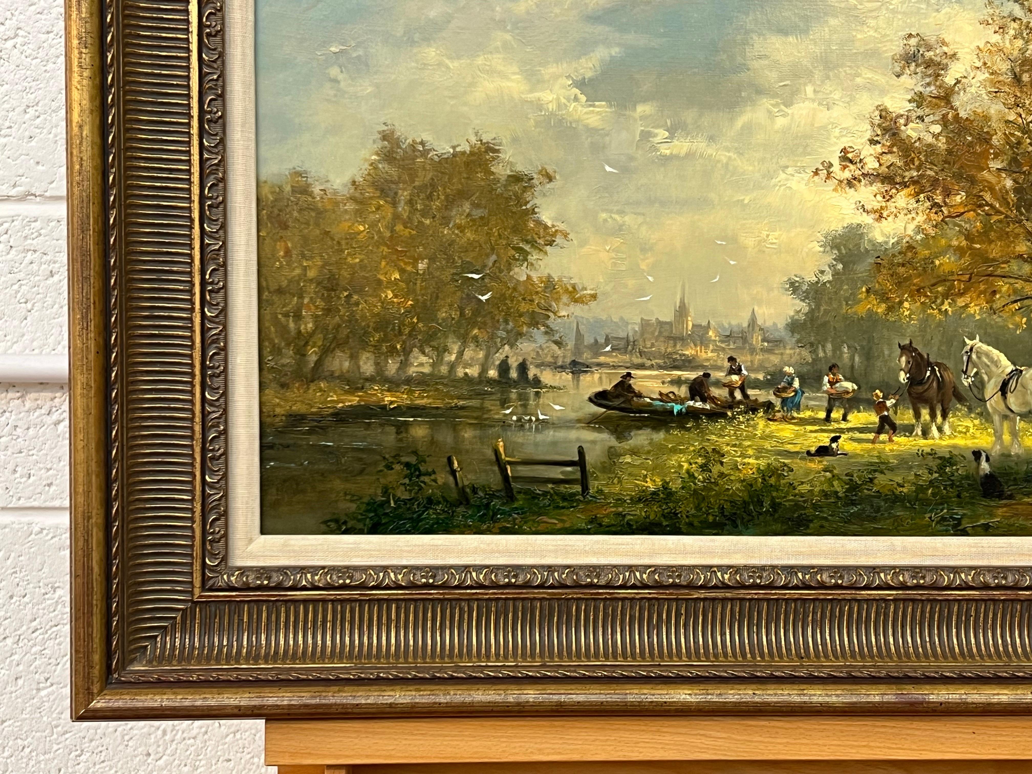 Idyllic Countryside Scene with River Boat, Horses, Figures & Dogs in Sunshine For Sale 4