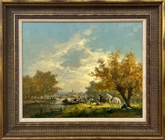 Idyllic Countryside Scene with River Boat, Horses, Figures & Dogs in Sunshine