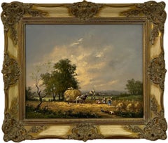 Pintura al óleo de una escena campestre de cosecha con caballos y figuras, obra de un artista británico