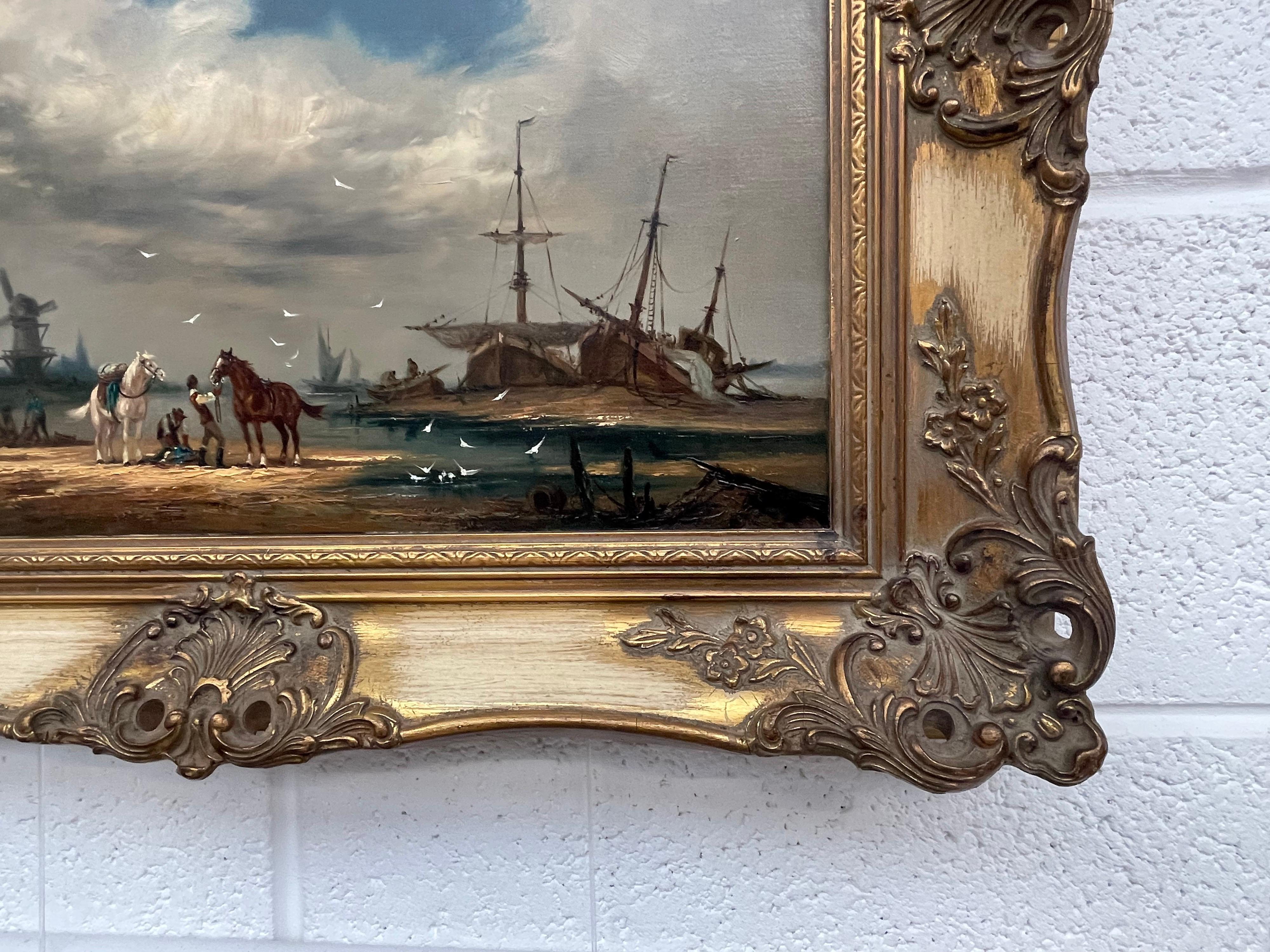 Oil Painting of Dutch Estuary Boat Scene with Horses & Figures by British Artist 6