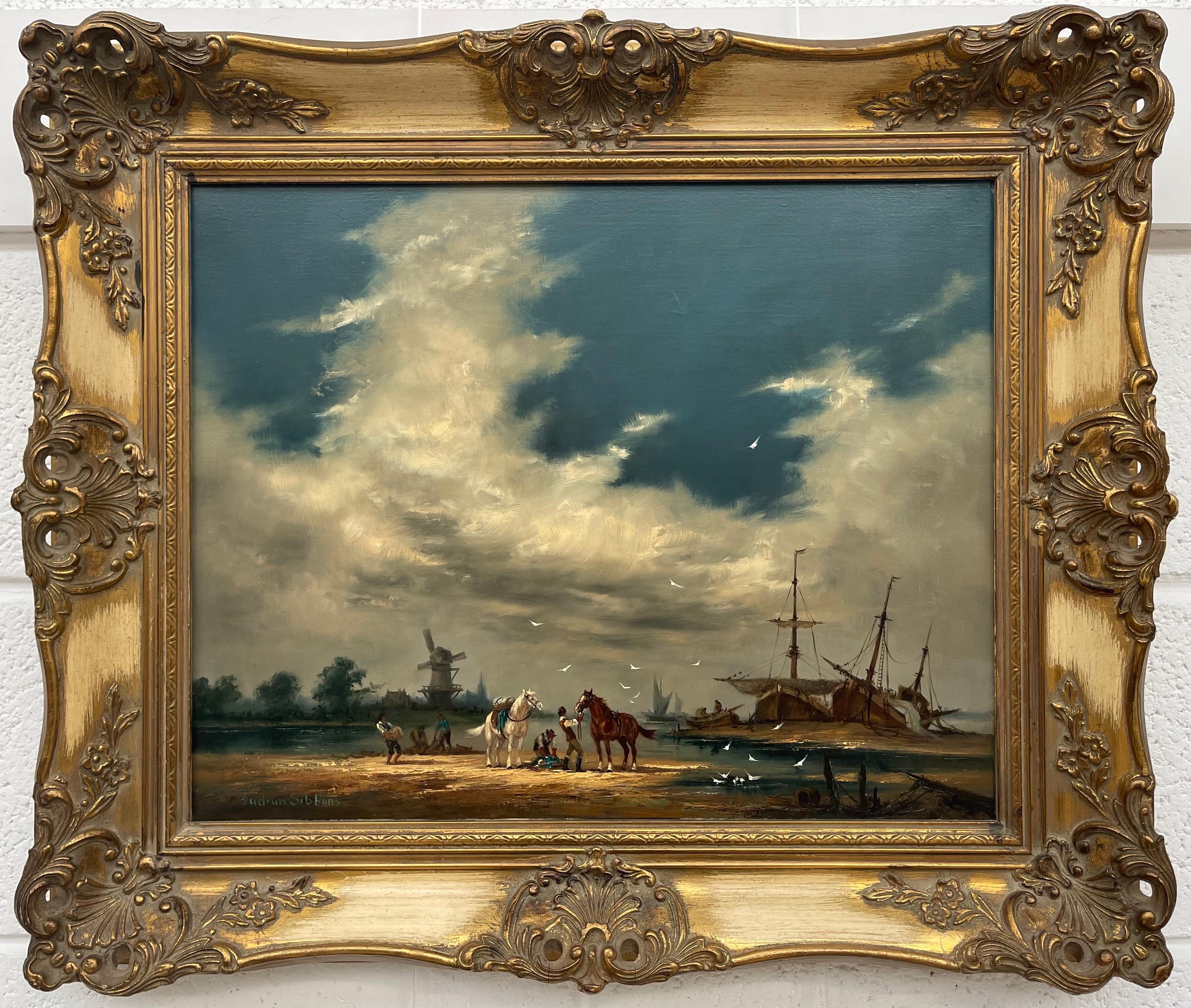 Oil Painting of Dutch Estuary Boat Scene with Horses & Figures by British Artist
Oil on Board, Signed. Framed in an ornate moulding. 

Art measures 20 x 16 inches
Frame measures 26 x 22 inches

Gudrun Sibbons is a German-born British artist best