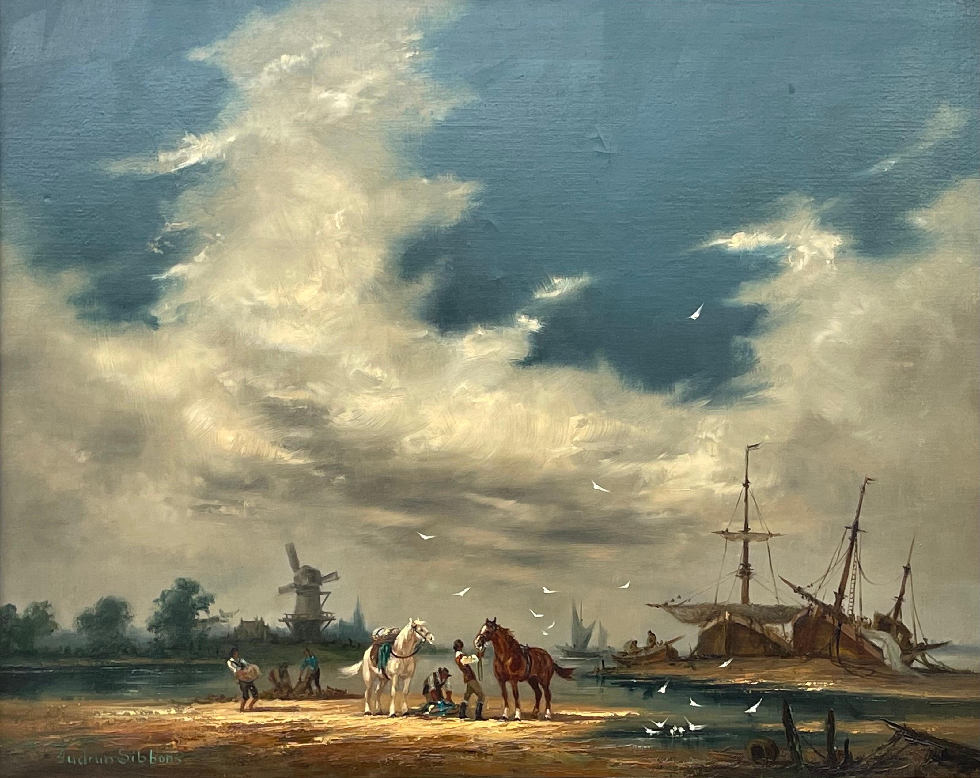 Oil Painting of Dutch Estuary Boat Scene with Horses & Figures by British Artist 1