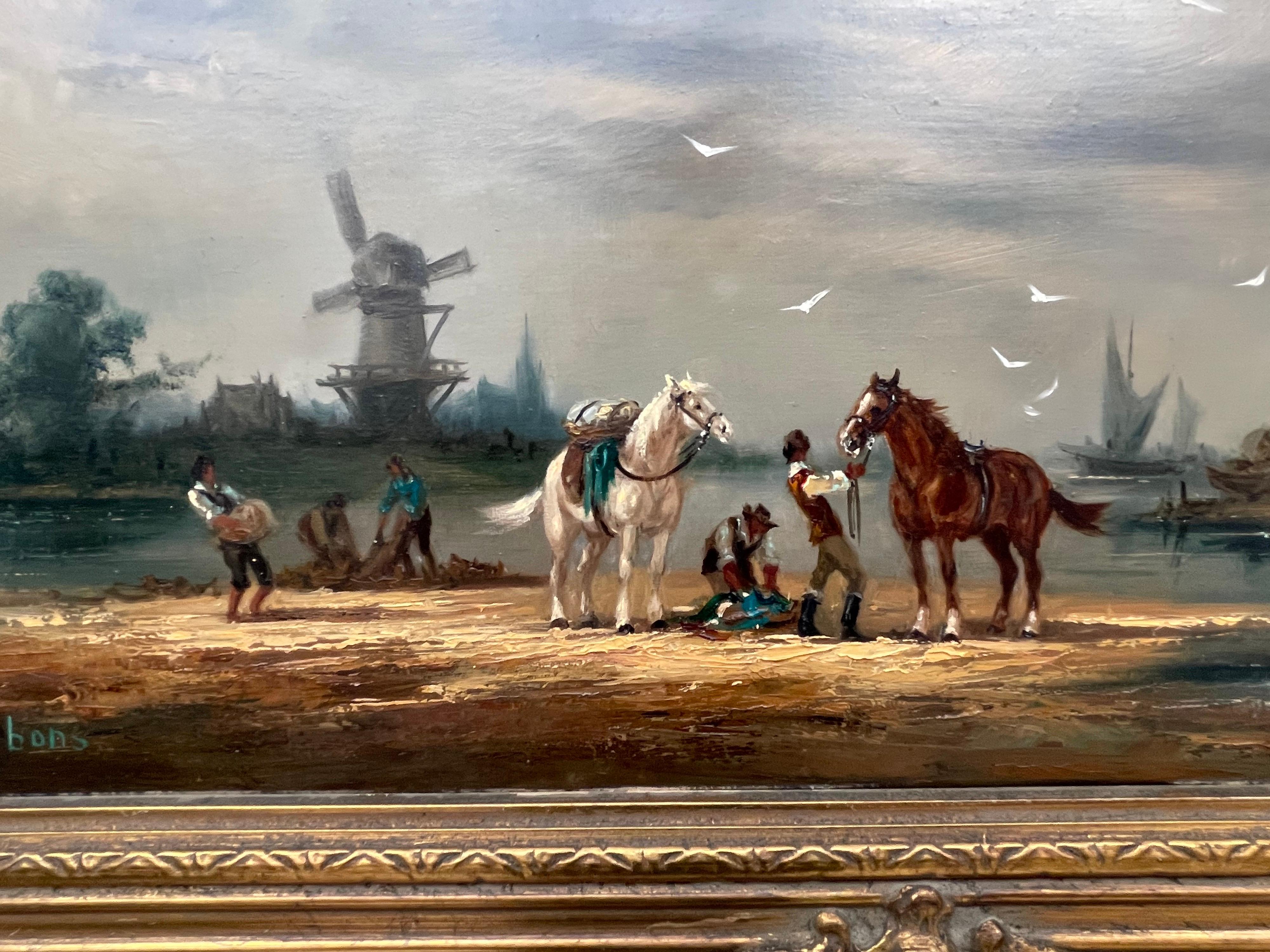 Oil Painting of Dutch Estuary Boat Scene with Horses & Figures by British Artist 4