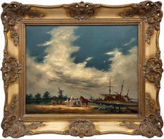 Oil Painting of Dutch Estuary Boat Scene with Horses & Figures by British Artist