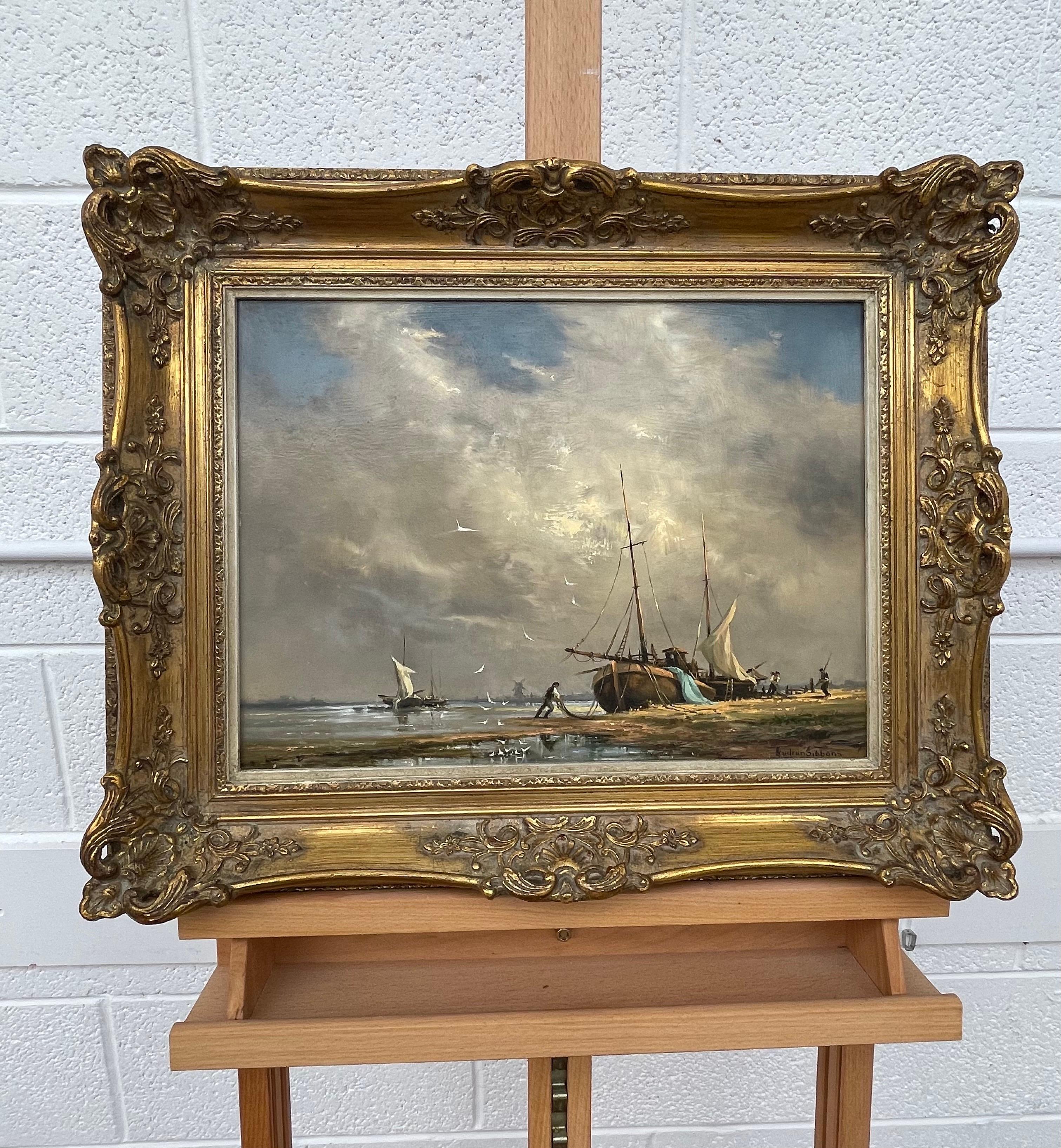 Oil Painting of Estuary Scene with Fishing Boat & Figures by British Artist 9