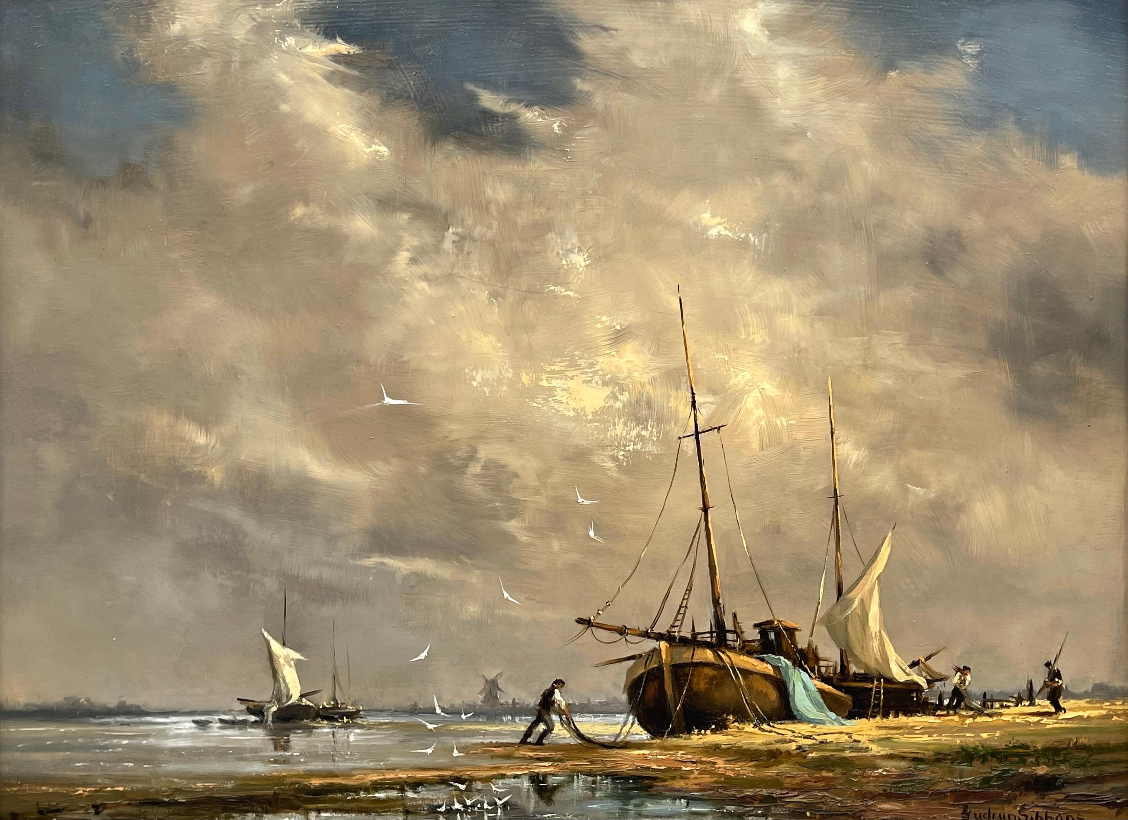 Oil Painting of Estuary Scene with Fishing Boat & Figures by British Artist - Brown Landscape Painting by Gudrun Sibbons