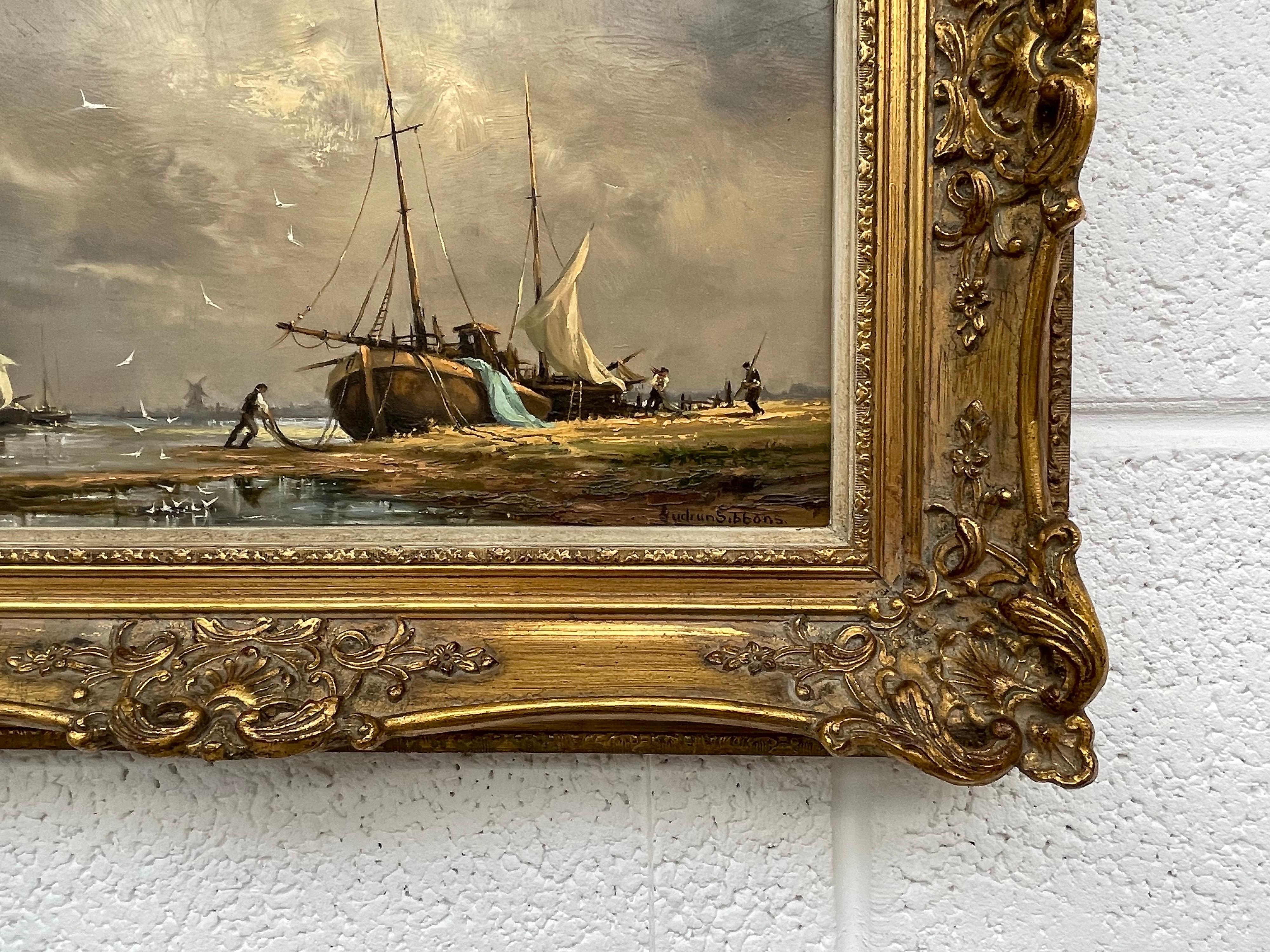 Gudrun Sibbons (1925- ) German-born British Artist. 

Original Oil Painting of Estuary Scene with Beached Fishing Boat & Figures. 
Oil on Board, Signed. Framed in a period ornate moulding.

Art measures 16 x 12 inches
Frame measures 22 x 18