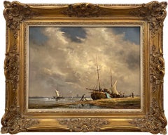 Oil Painting of Estuary Scene with Fishing Boat & Figures by British Artist
