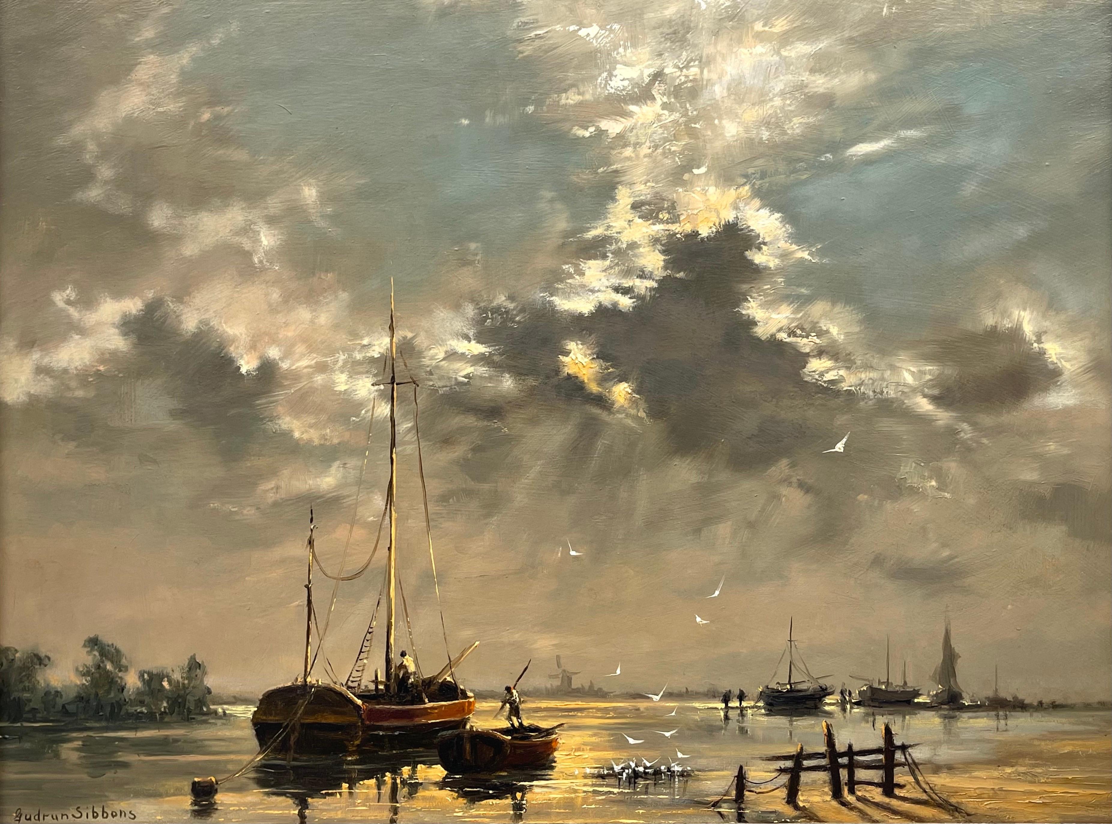 Oil Painting of Evening Scene with Moored Boats in Estuary by British Artist - Brown Landscape Painting by Gudrun Sibbons