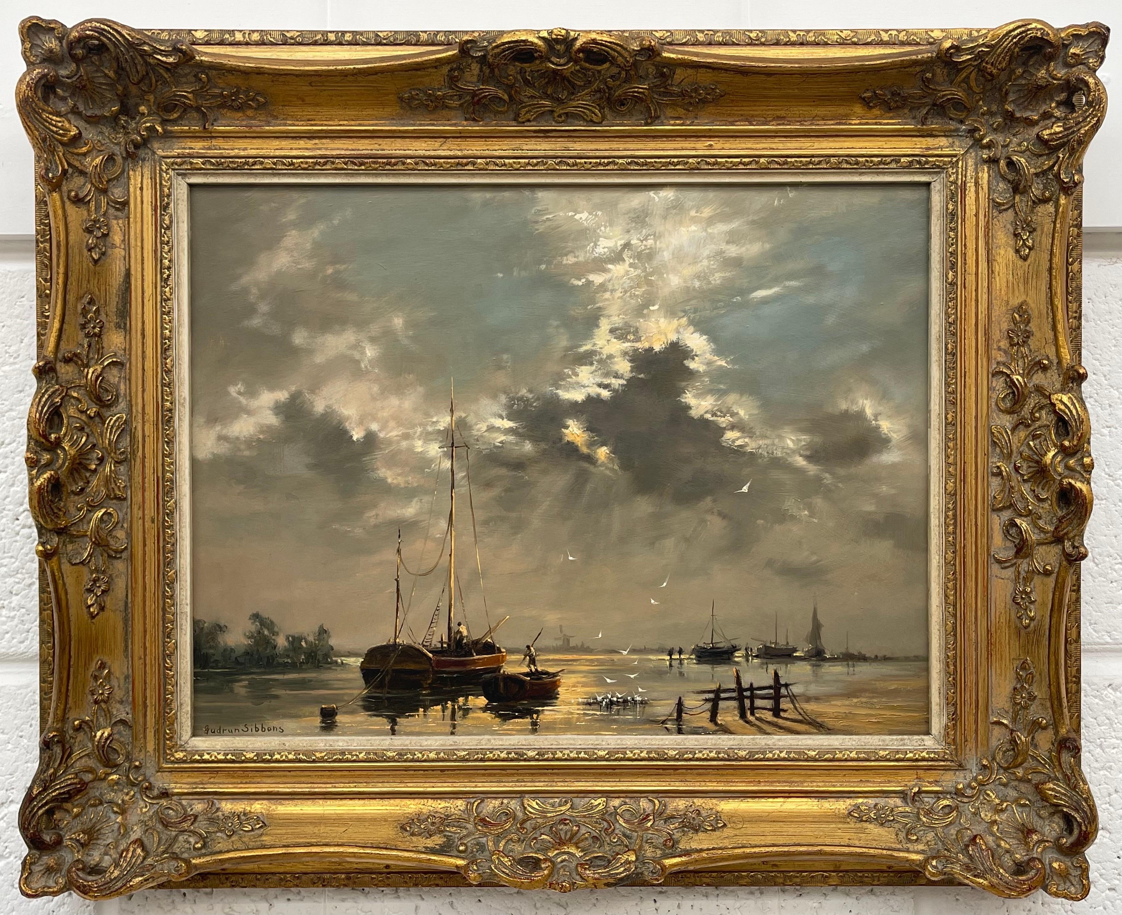 Gudrun Sibbons (1925- ) German-born British Artist. 

Original Oil Painting of a Sunny Evening Scene with Moored Boats in an Estuary. 
Oil on Board, Signed. Framed in a period ornate moulding.

Art measures 16 x 12 inches
Frame measures 22 x 18