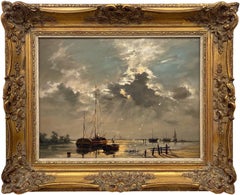 Peinture à l'huile d'une scène de soirée avec des bateaux moulés dans l'estuarie d'un artiste britannique