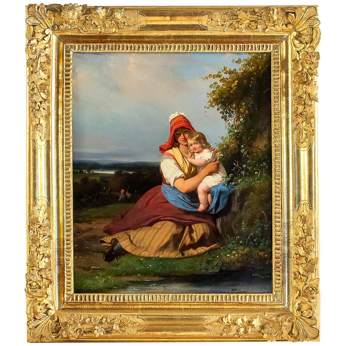 Gué Julien Michel, Oil on Canvas "Femme À L’enfant" French Romantic Period For Sale