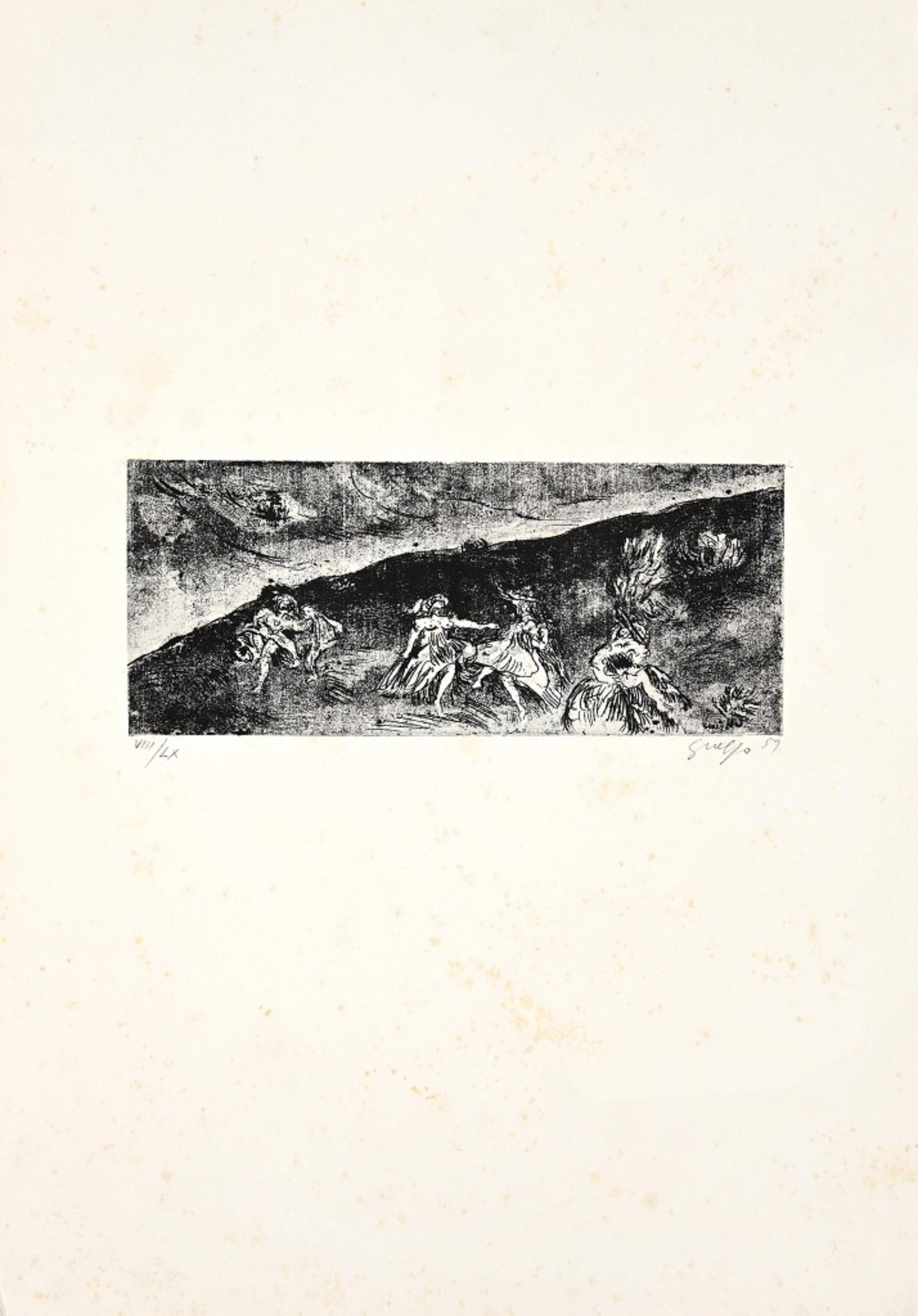 Figure 2 is an original etching realized by Guelfo Bianchini in 1959.

The artwork is hand-signed by the artist on the lower right corner, and numbered (8/60) on the lower left corner.

In very good conditions and mounted on a white cardboard