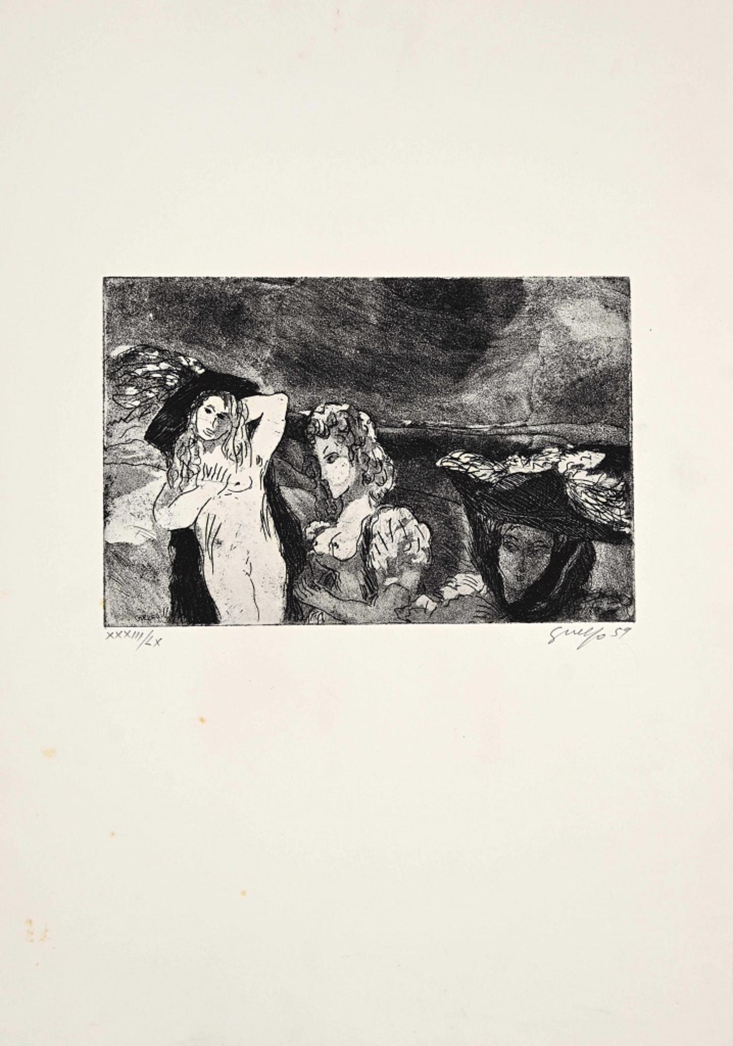 Figure 1959  is an original etching realized by Guelfo Bianchini in 1959.

The artwork is hand-signed by the artist on the lower right corner, and numbered (33/60) on the lower left corner. There is two copies of the artwork.

In good conditions