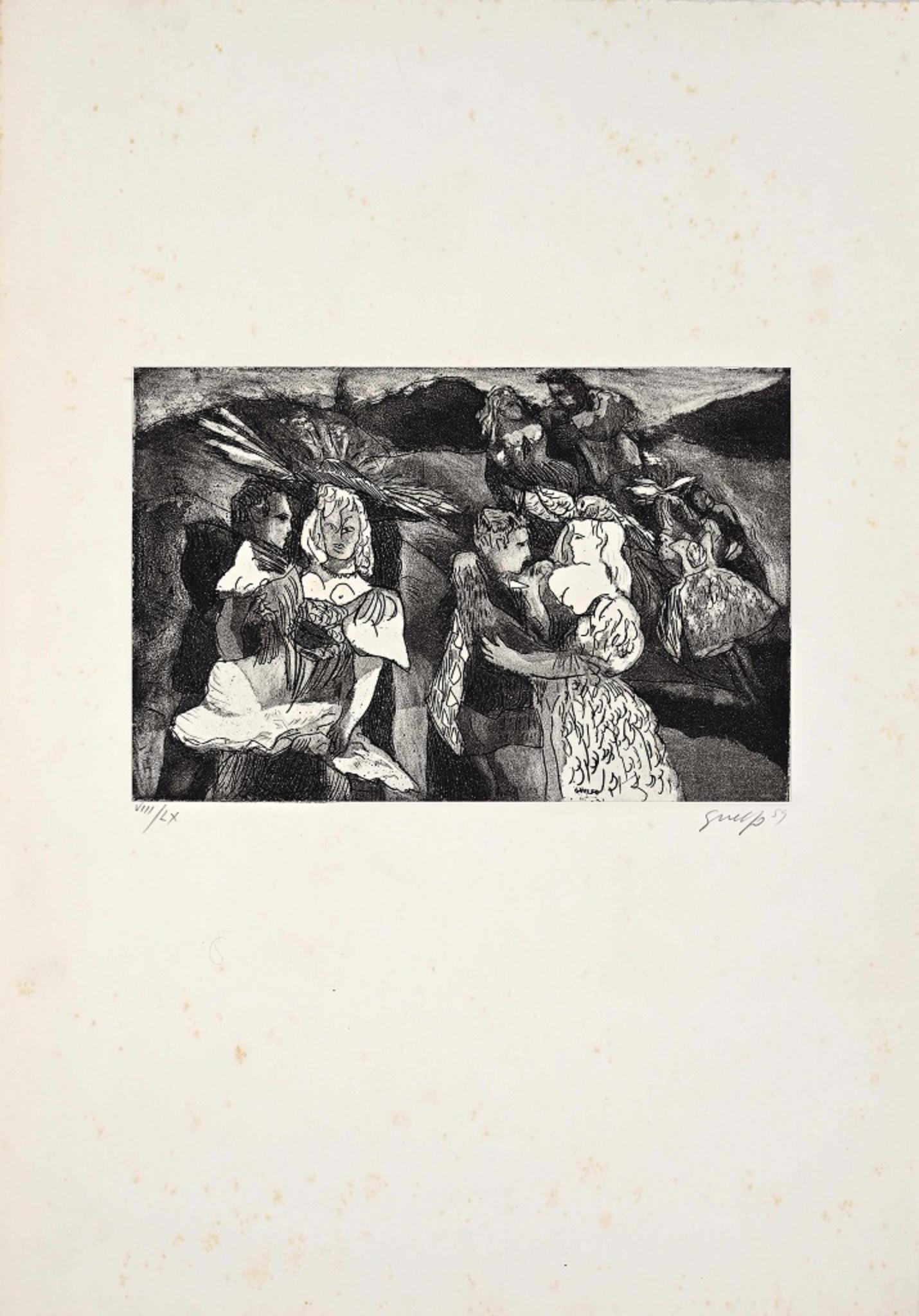 Figures 2 is an original etching realized by Guelfo Bianchini in 1959.

The artwork is hand-signed by the artist on the lower right corner, and numbered on the lower left corner.

In good conditions except for some foxing spots on the white