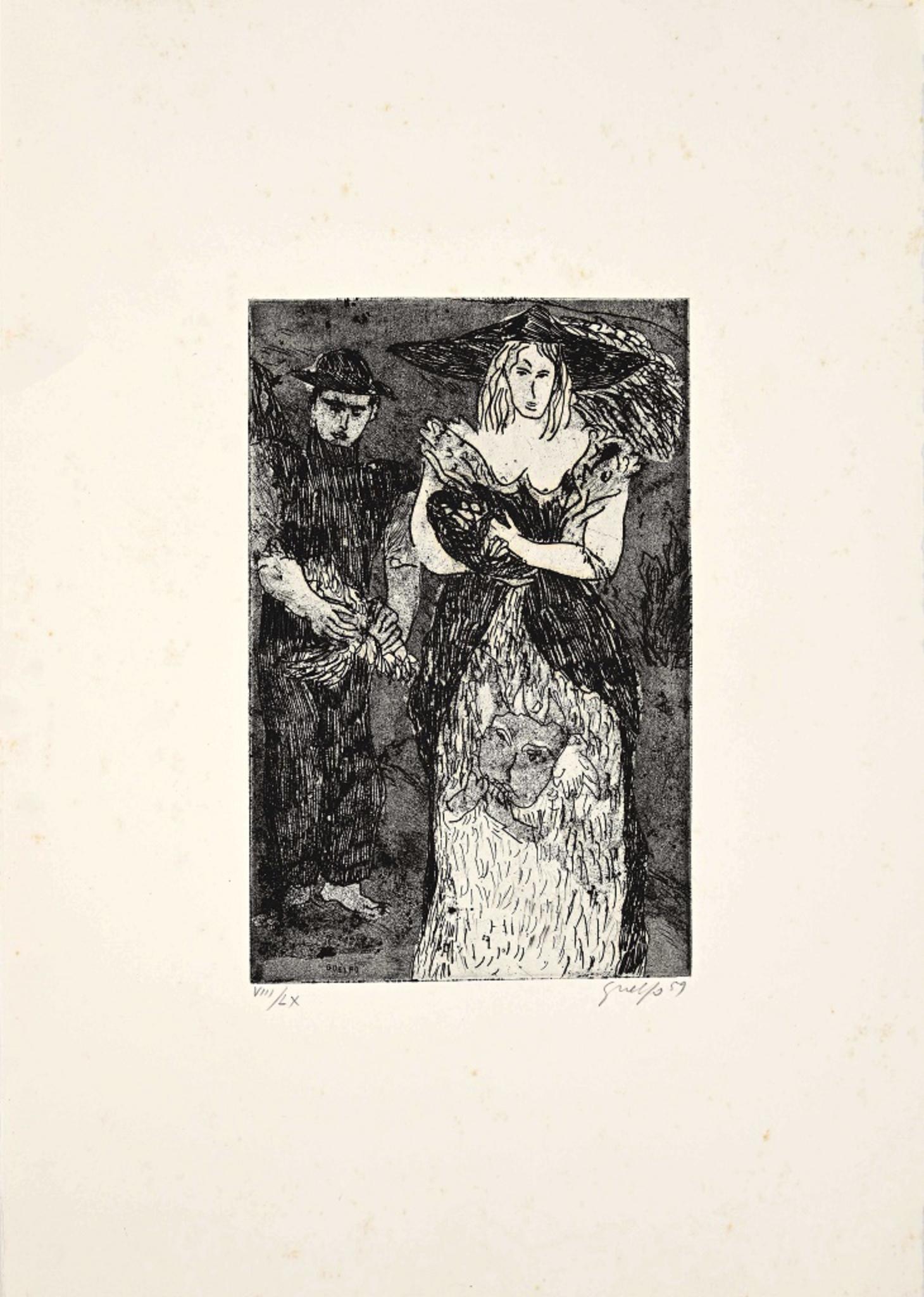 Figures 3 is an original etching realized by Guelfo Bianchini in 1959.

The artwork is hand-signed by the artist on the lower right corner, and numbered (8/60) on the lower left corner.

In very good conditions and mounted on a white cardboard