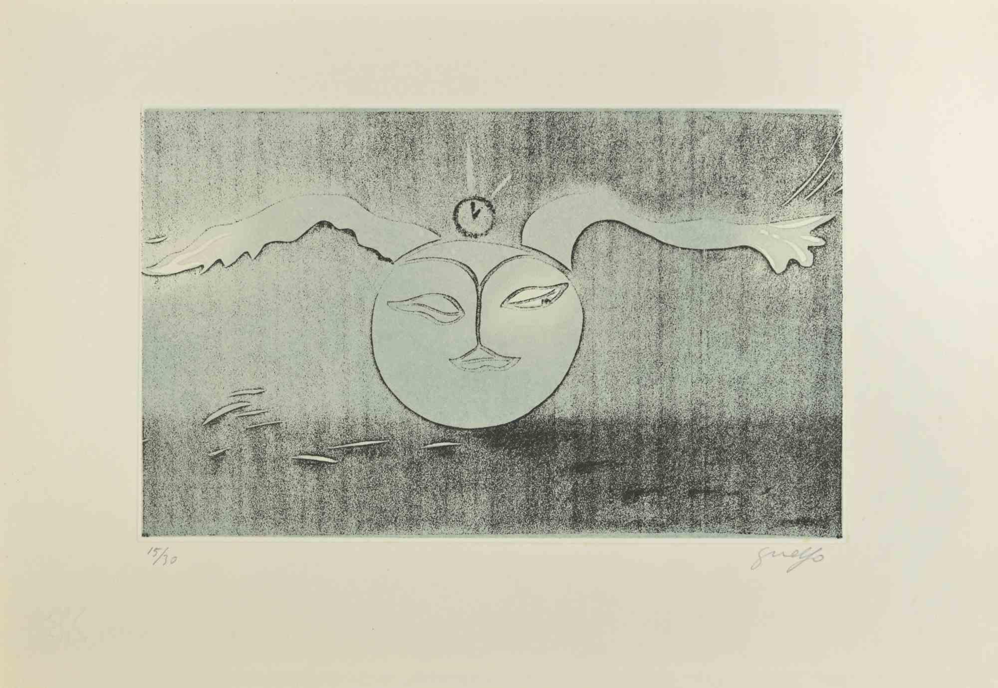 Full Moon  is a Contemporary Artwork realized by the Italian Artist Guelfo Bianchini (Ancona, 1937) in 1978.

Original colored Etching on paper. 

Hand-signed  in pencil on the lower right corner: Guelfo . Numbered on the lower left corner in
