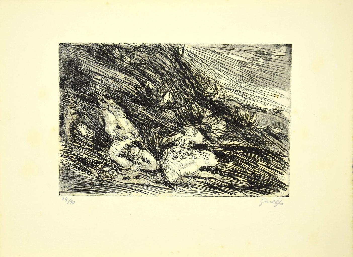 Gli Amanti est une gravure originale réalisée par Guelfo Bianchini en 1958.

L'œuvre est signée à la main en bas à droite. 

Numéroté en bas à gauche. Ed. 74/90.

Monogrammé.

Guelfo Bianchini Ancône 1937 - Rome 1977. Né à Fabriano en 1937, il vit