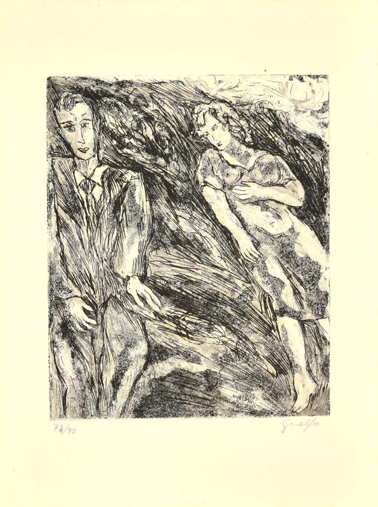Gli Amanti is an original etching realized by Guelfo Bianchini in 1959.

The artwork is hand signed on the lower right. 

Numbered on the lower left. Ed. 74/90.

Monogrammed.

Guelfo Bianchini Ancona 1937 - Rome 1977. Born in Fabriano in 1937, he