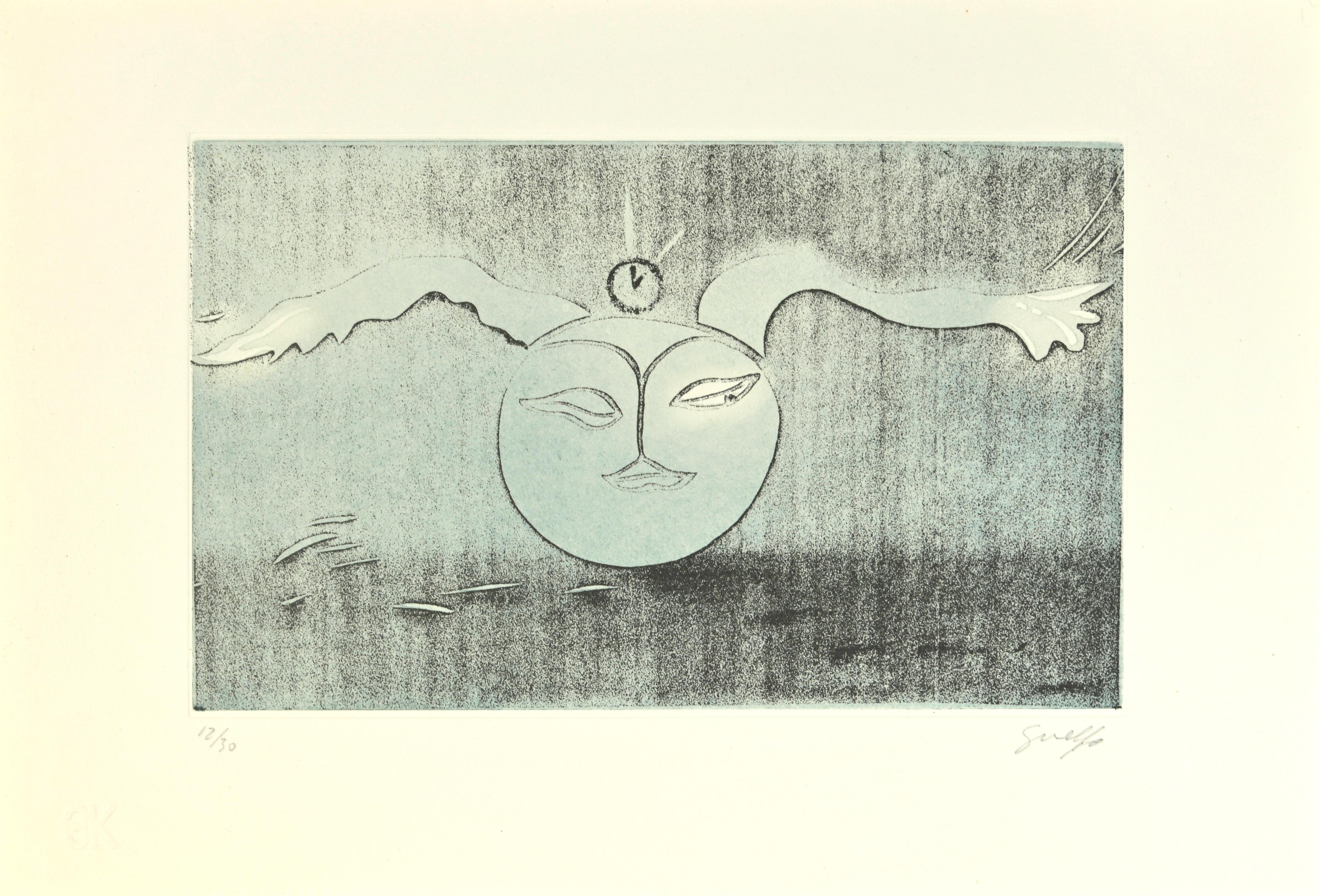 Lunar Poet  is a Contemporary Artwork realized in Italy by  Guelfo Bianchini  (Ancona, 1937) in 1978 .

Colored Etching on paper. 

Hand-signed  in pencil on the lower right corner:  Guelfo 7  Numbered by the artist on the lower left corner in