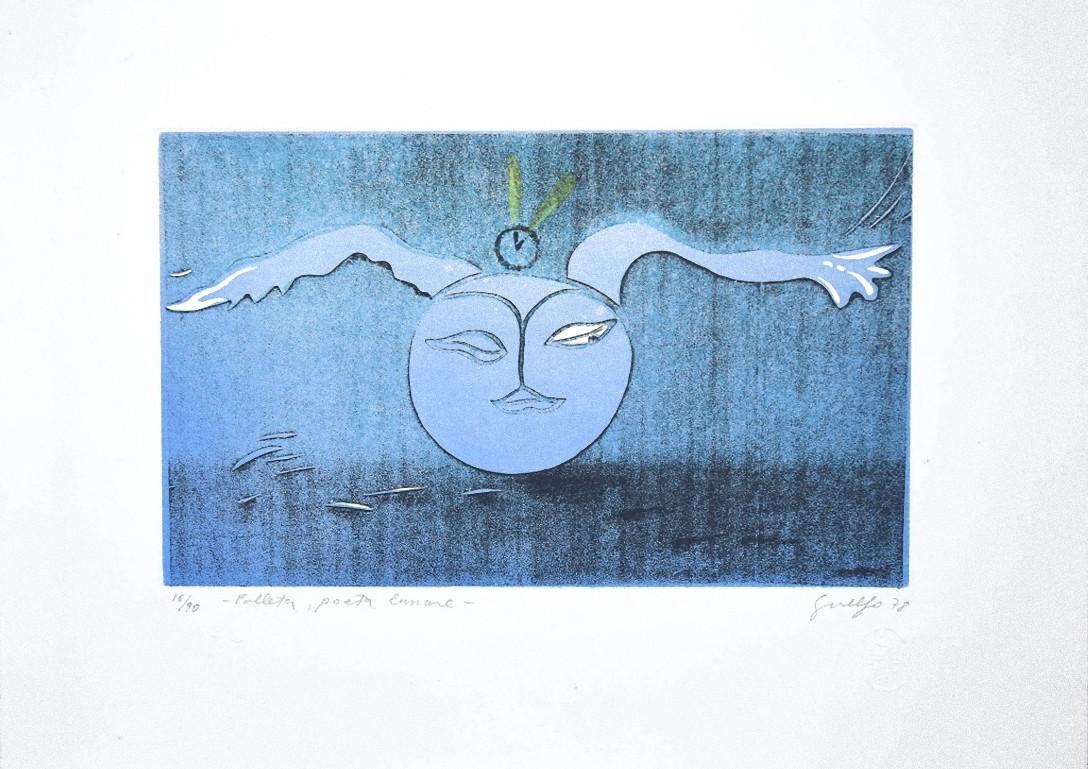 Lunar Poet is an original Contemporary Artwork realized in Italy by Guelfo Bianchini (Ancona, 1937) in 1978.

Colored Etching on paper. 

Hand-signed and dated in pencil on the lower right corner: Guelfo 78. Numbered and titled by the artist on the
