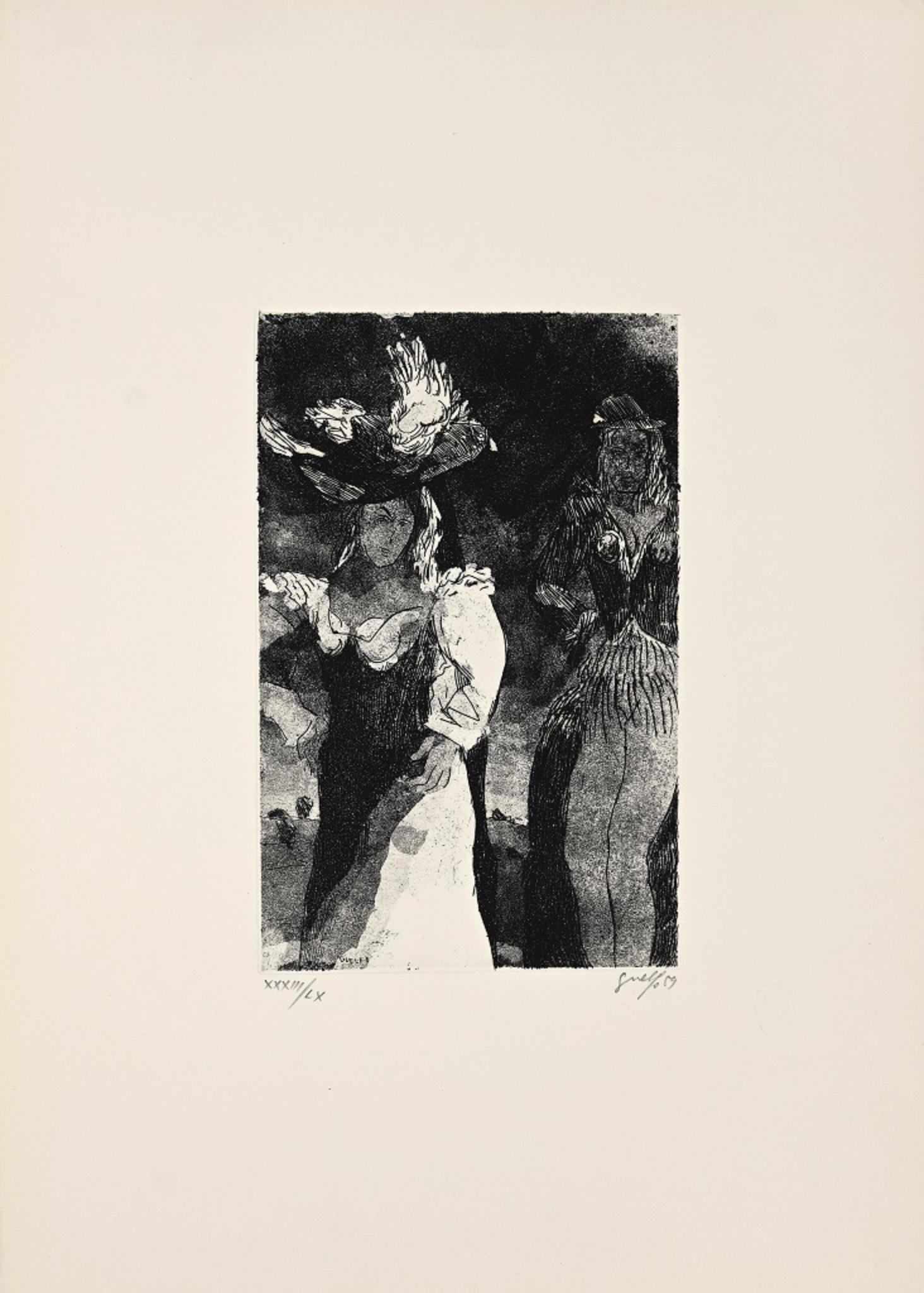 Night Dream is an original etching realized by Guelfo Bianchini in 1959.

The artwork is hand-signed by the artist on the lower right corner, and numbered (33/60) on the lower left corner.

In very good conditions and mounted on a white cardboard