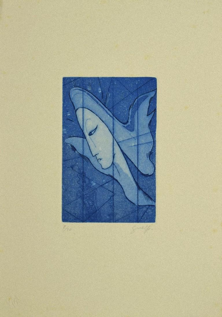 The Blue Angel is an original Contemporary Artwork realized in Italy by Guelfo Bianchini (Ancona, 1937) in 1963.

Original colored Etching on cardboard. 

Hand-signed in pencil on the lower right corner: Guelfo . Numbered on the lower left corner: