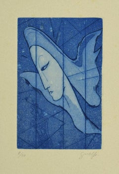 L'ange bleu - eau-forte originale sur carton de Guelfo Bianchini - 1963