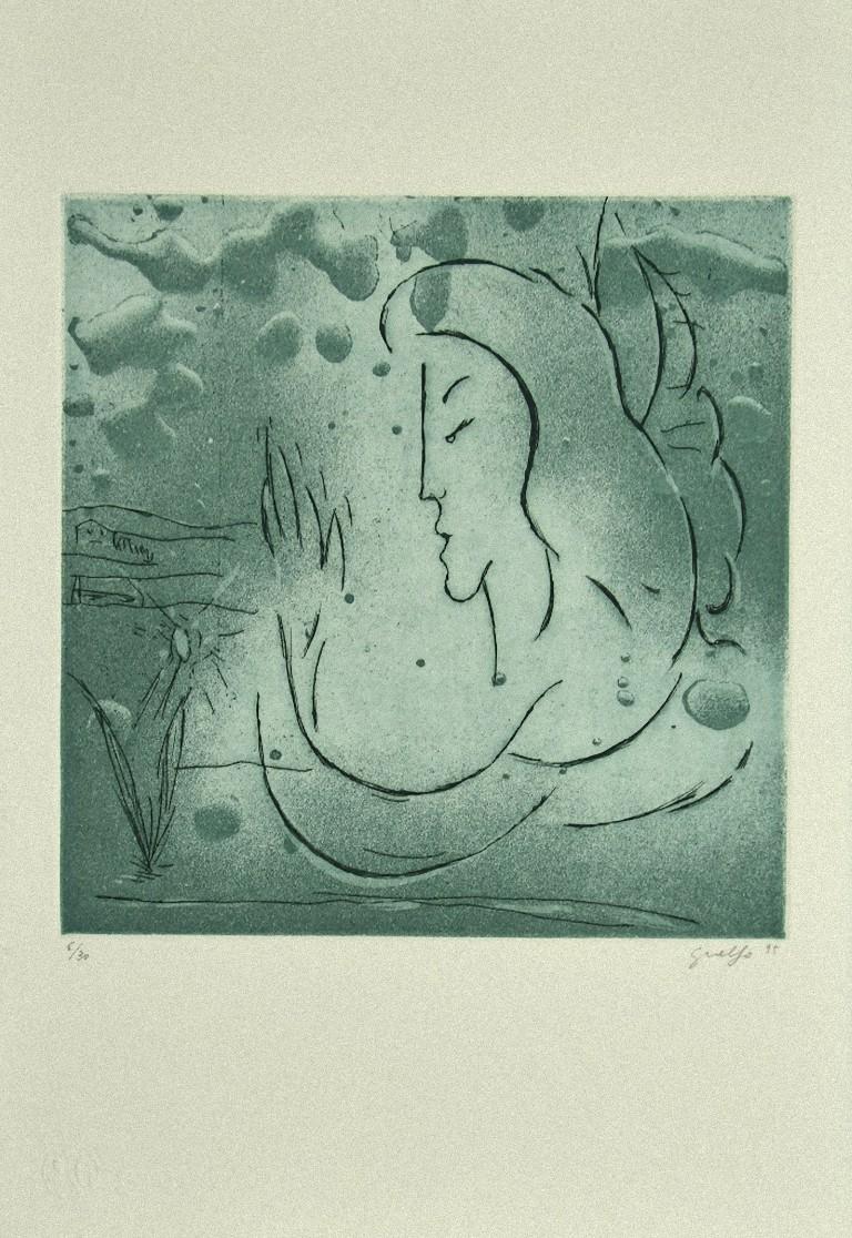 The Muse is an original Contemporary Artwork realized in Italy by Guelfo Bianchini (Ancona, 1937) in 1995.

Original colored Etching on paper. 

Hand-signed and dated in pencil on the lower right corner: Guelfo 95. Numbered on the lower left corner: