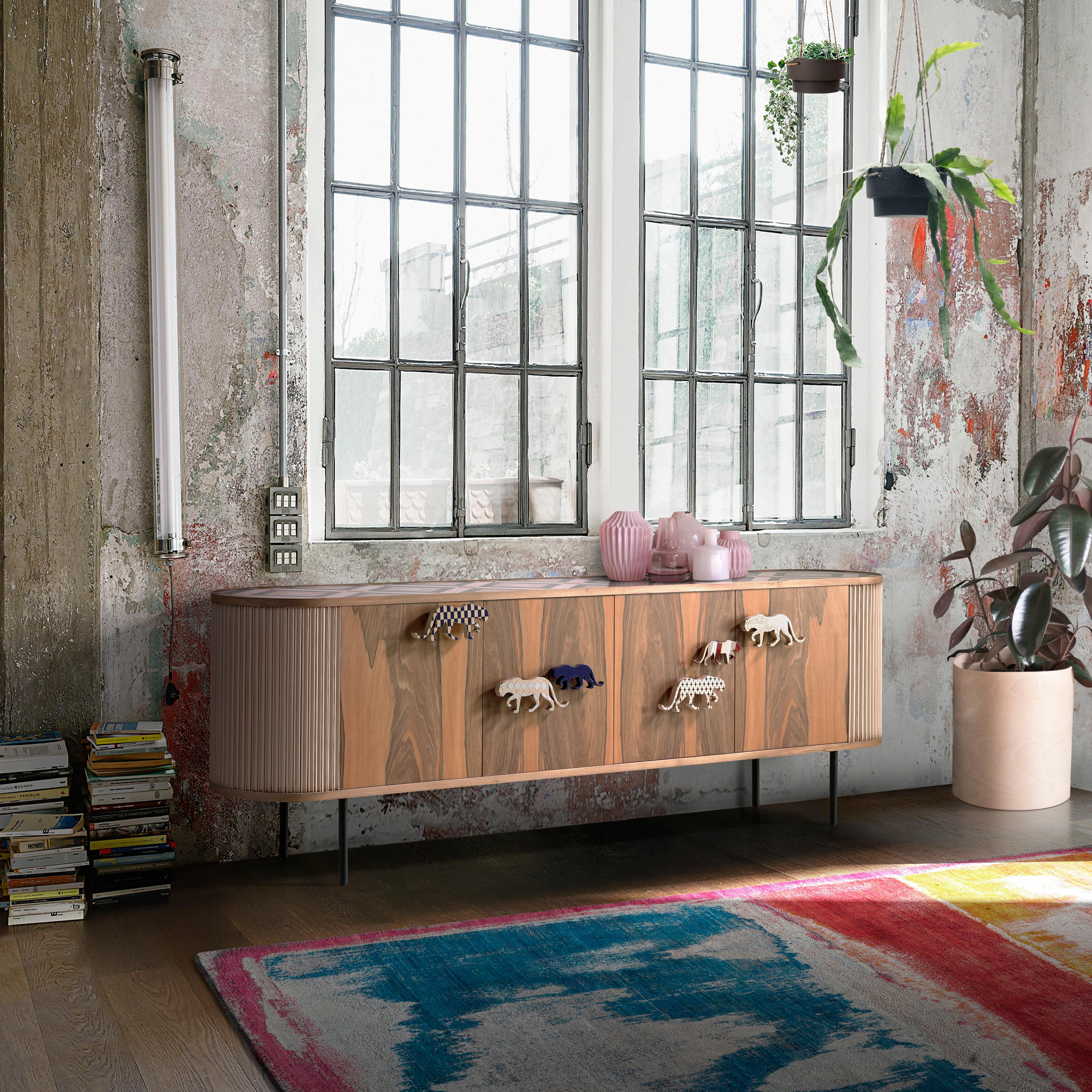 Guepardo Sideboard by Lola Glamour
Dimensions: D 45 x W 240 x H 81 cm
Materials: Walnut wood, cherry wood.

The new Guepardo series is built in an oval shape and can stand in the center of a room because it is equally beautiful on all sides.