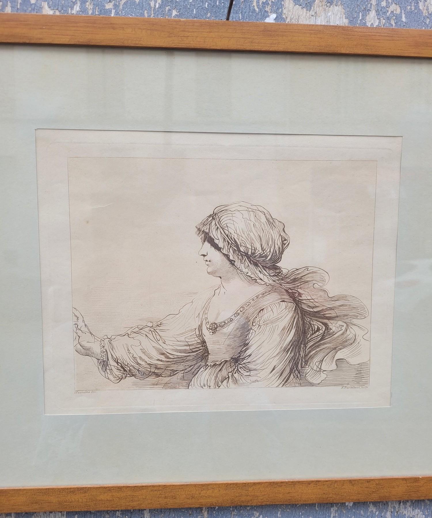The engraving with frame shows a woman in profile, reaching out to grasp an object out of frame, her eyes hidden under a bonnet.

This work is made after the Guercin 
