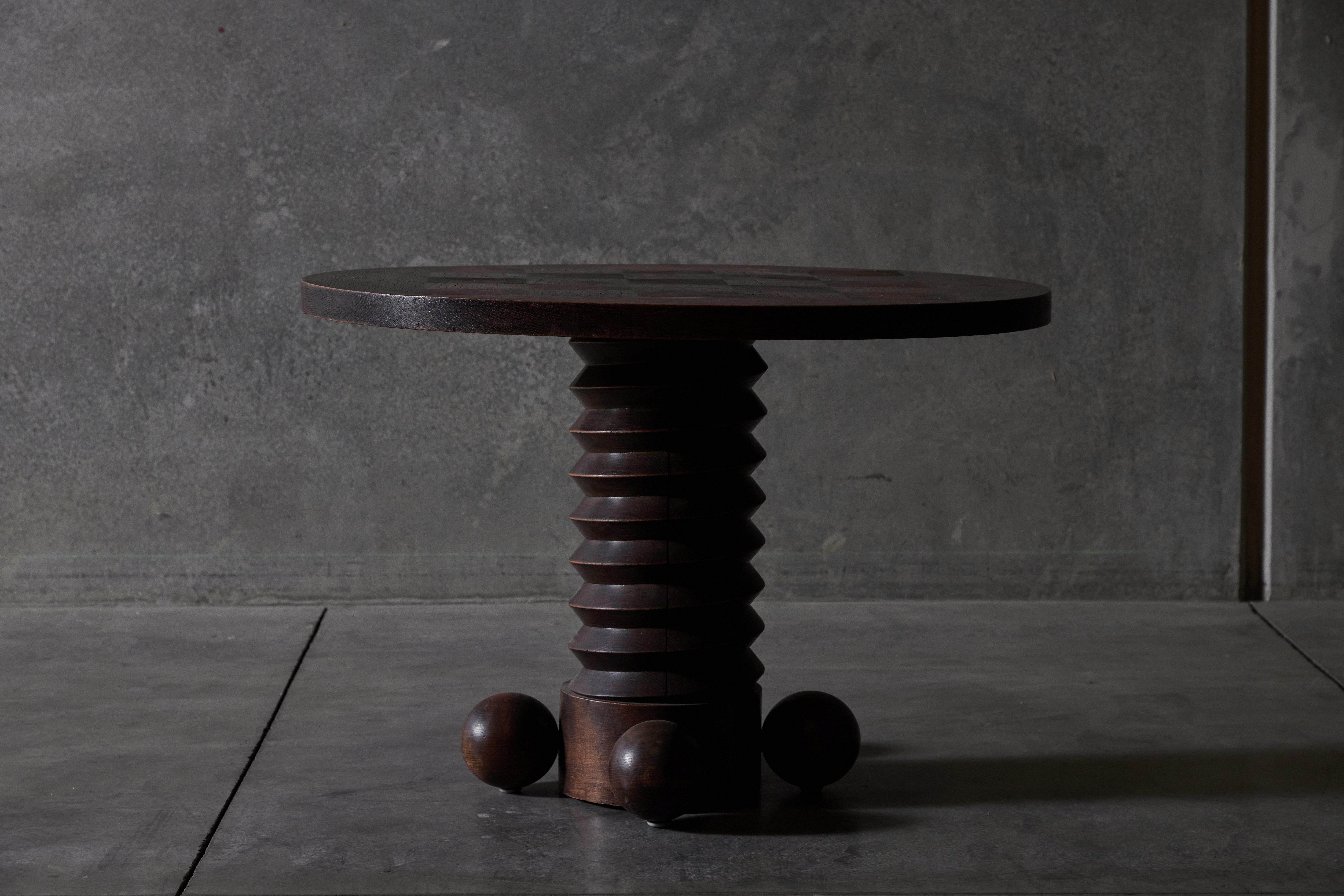 Rare wood pedestal side table by Charles Dudouyt. Made in France, circa 1930s.