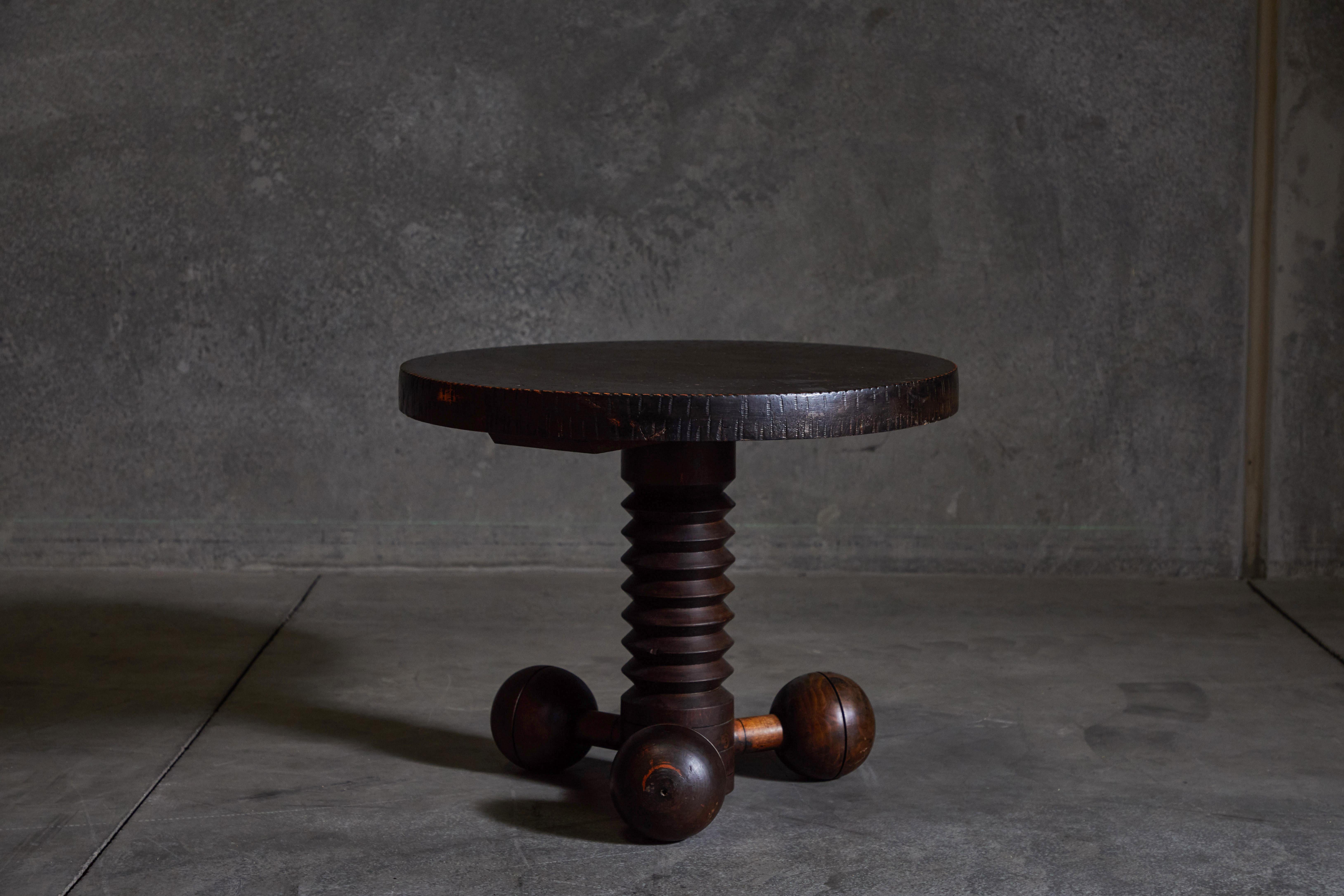 Rare wood pedestal side table by Charles Dudouyt. Made in France, circa 1930s.