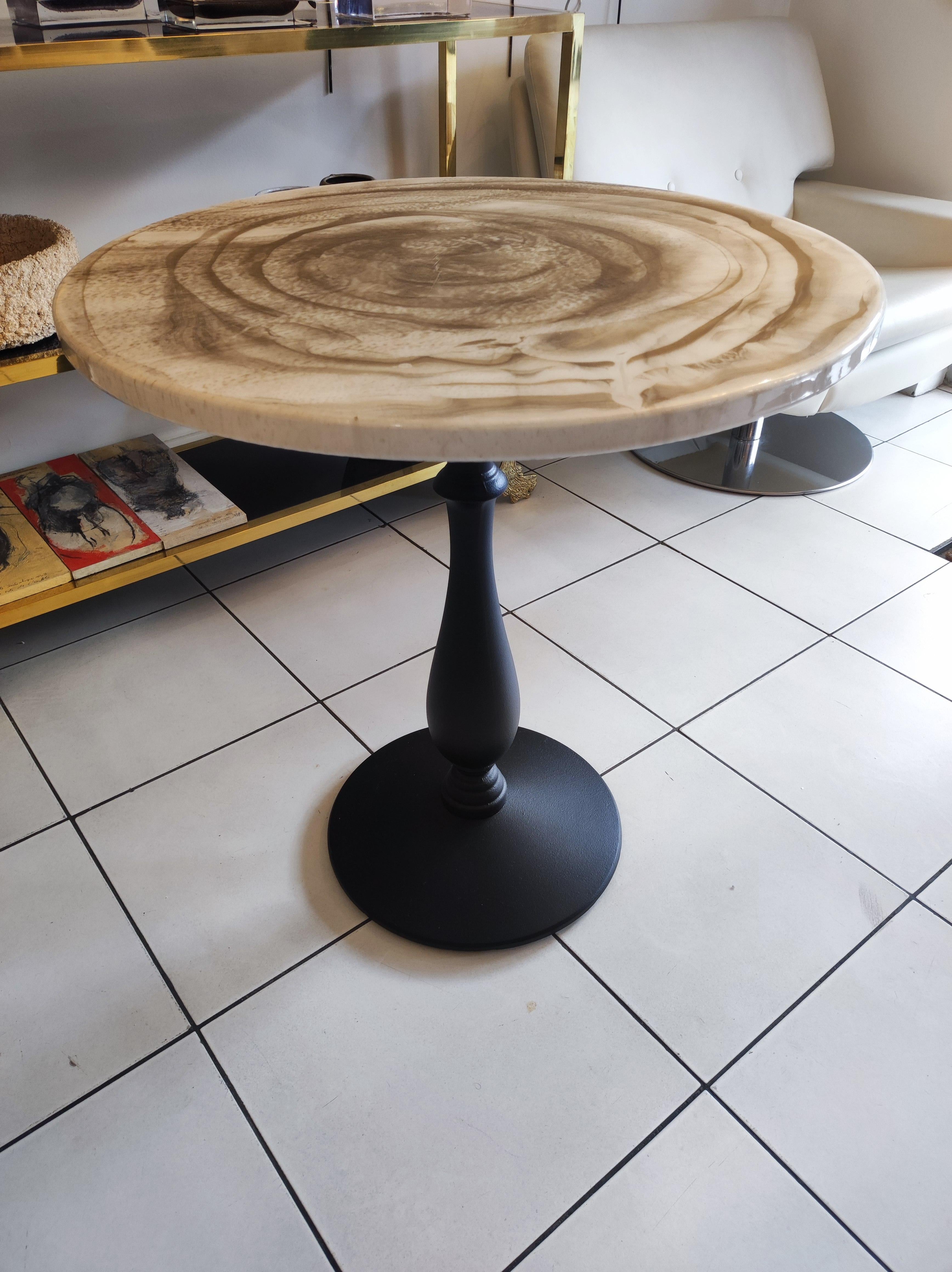 Modern Gueridon, Cast Iron Painted Foot and Laquered Wood Top For Sale