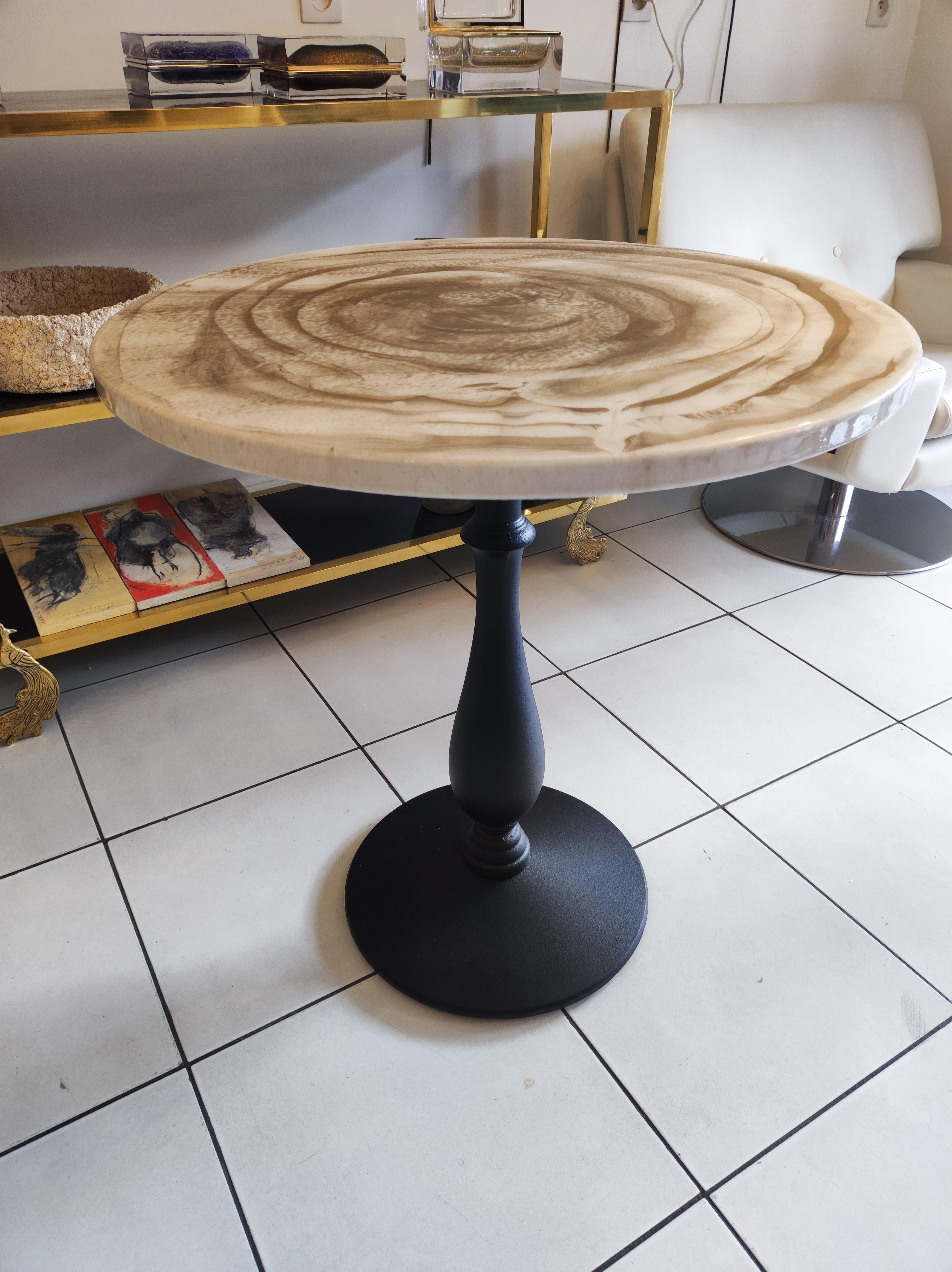 Contemporary Gueridon, Cast Iron Painted Foot and Laquered Wood Top For Sale