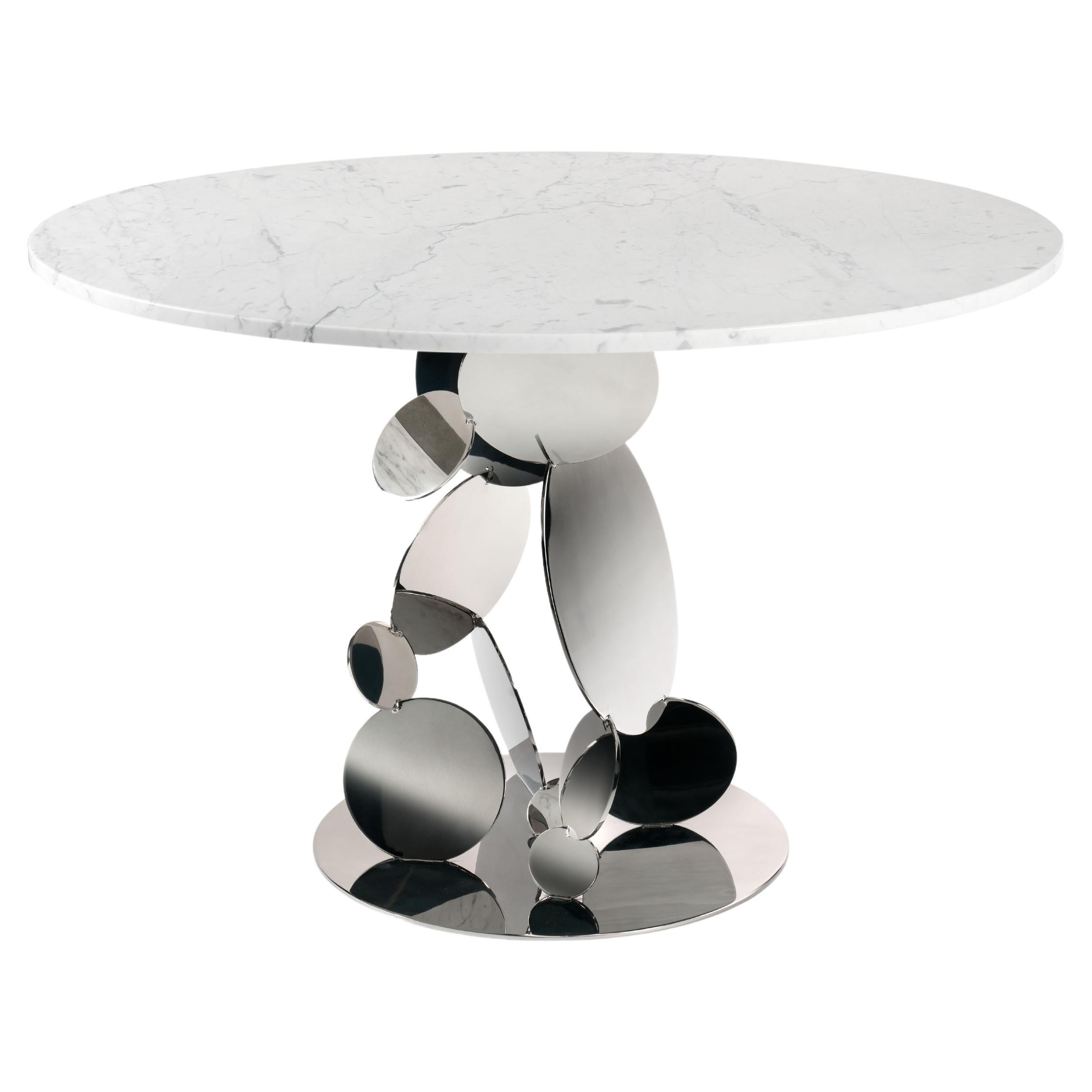 Gueridon Center Table Discs Mirror Steel White Marble Carrara Collectible Design