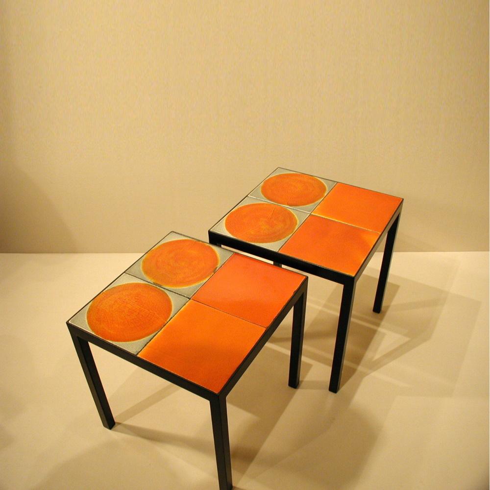 Mid-Century Modern Gueridon Coffee Table with 4 Roger Capron Ceramic Tiles For Sale